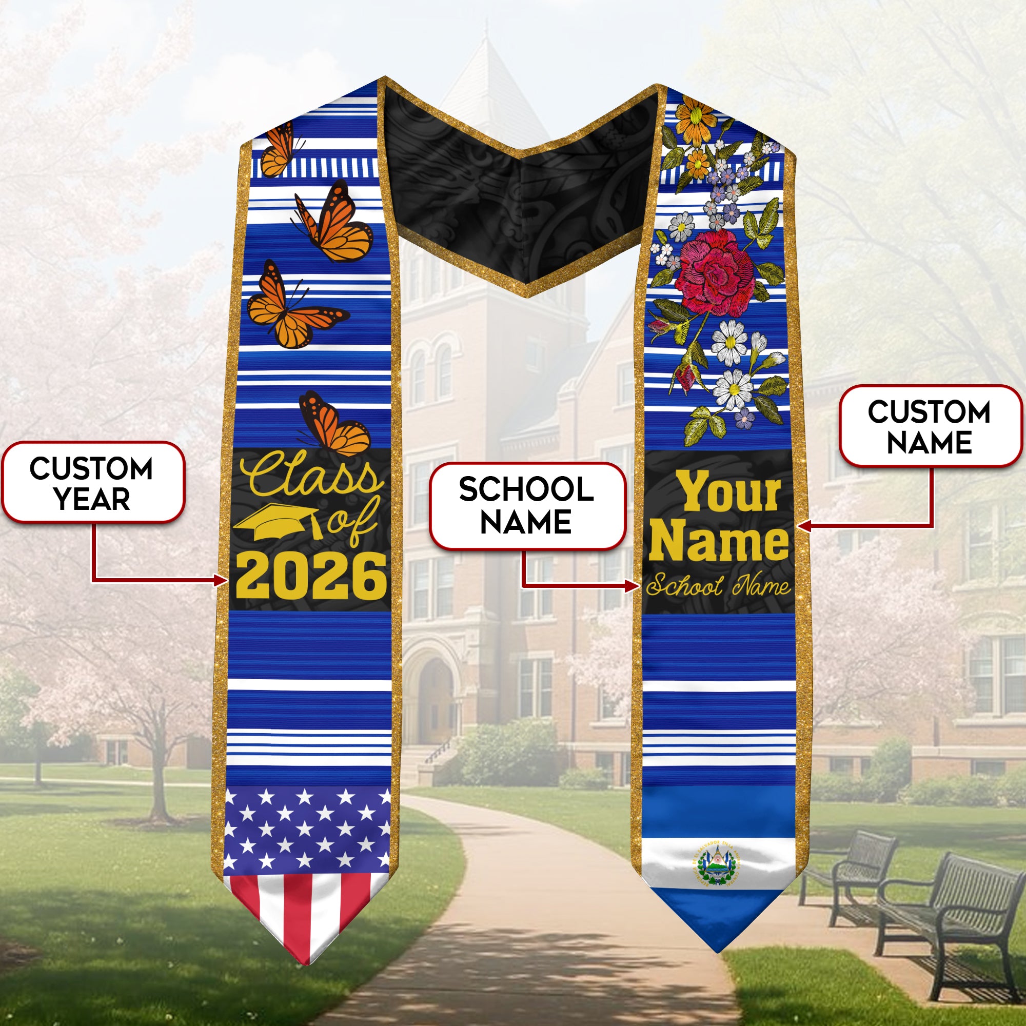 2026 El Salvador Flag Graduation Sash, El Salvador Stole, Personal Detail Option