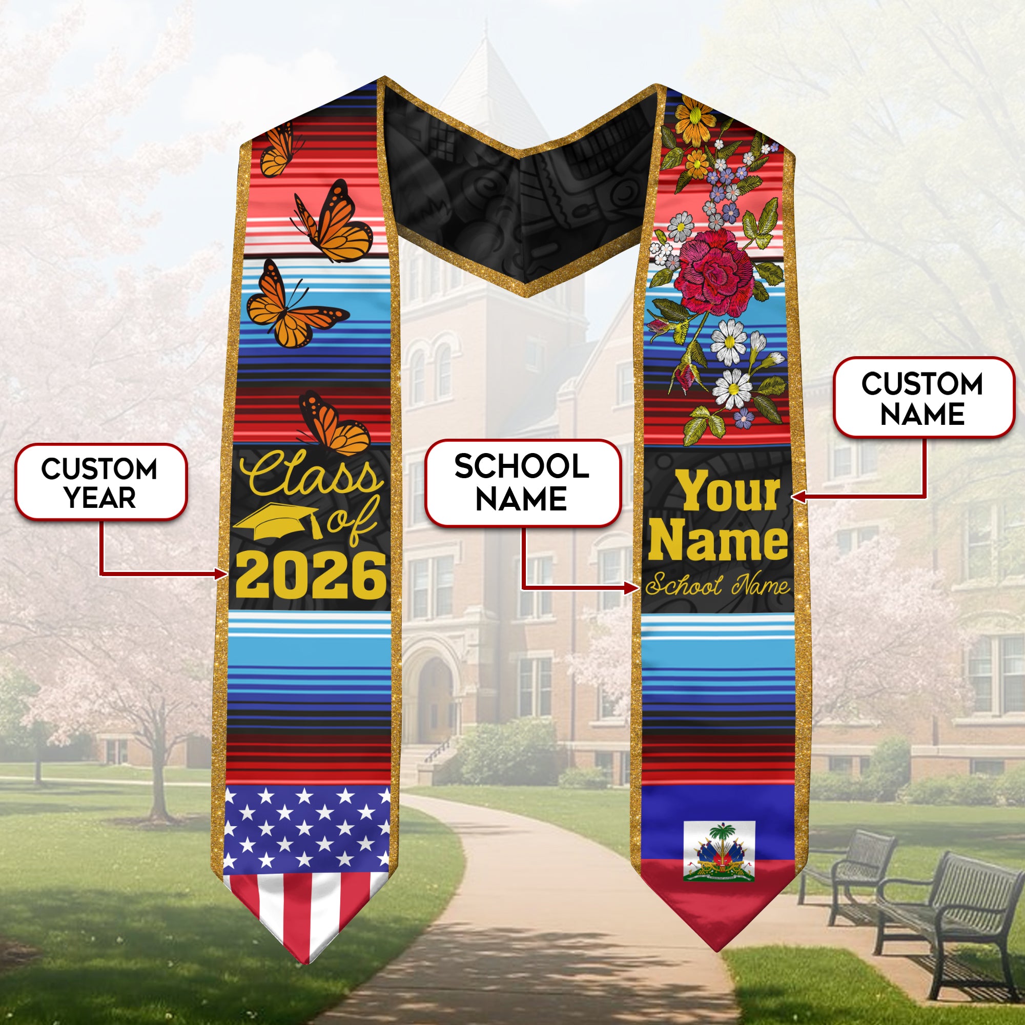 2026 Haiti Flag Graduation Sash, Haiti Stole, Add Personal Detail