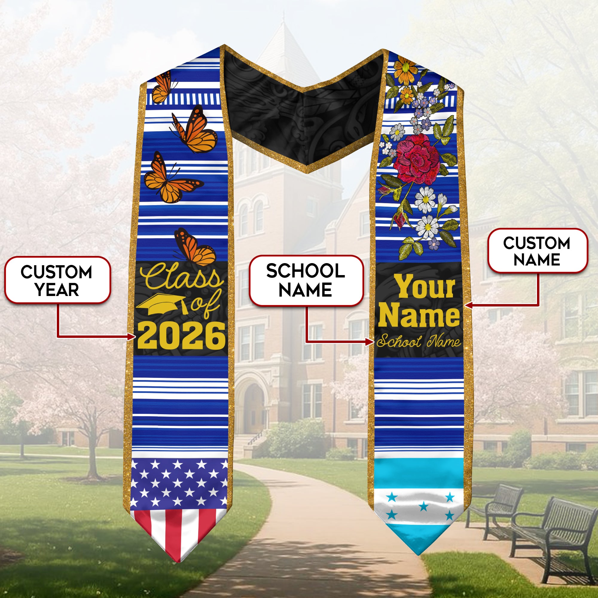 2026 Honduras Flag Graduation Stole, Honduras Sash, Add Personalized Detail