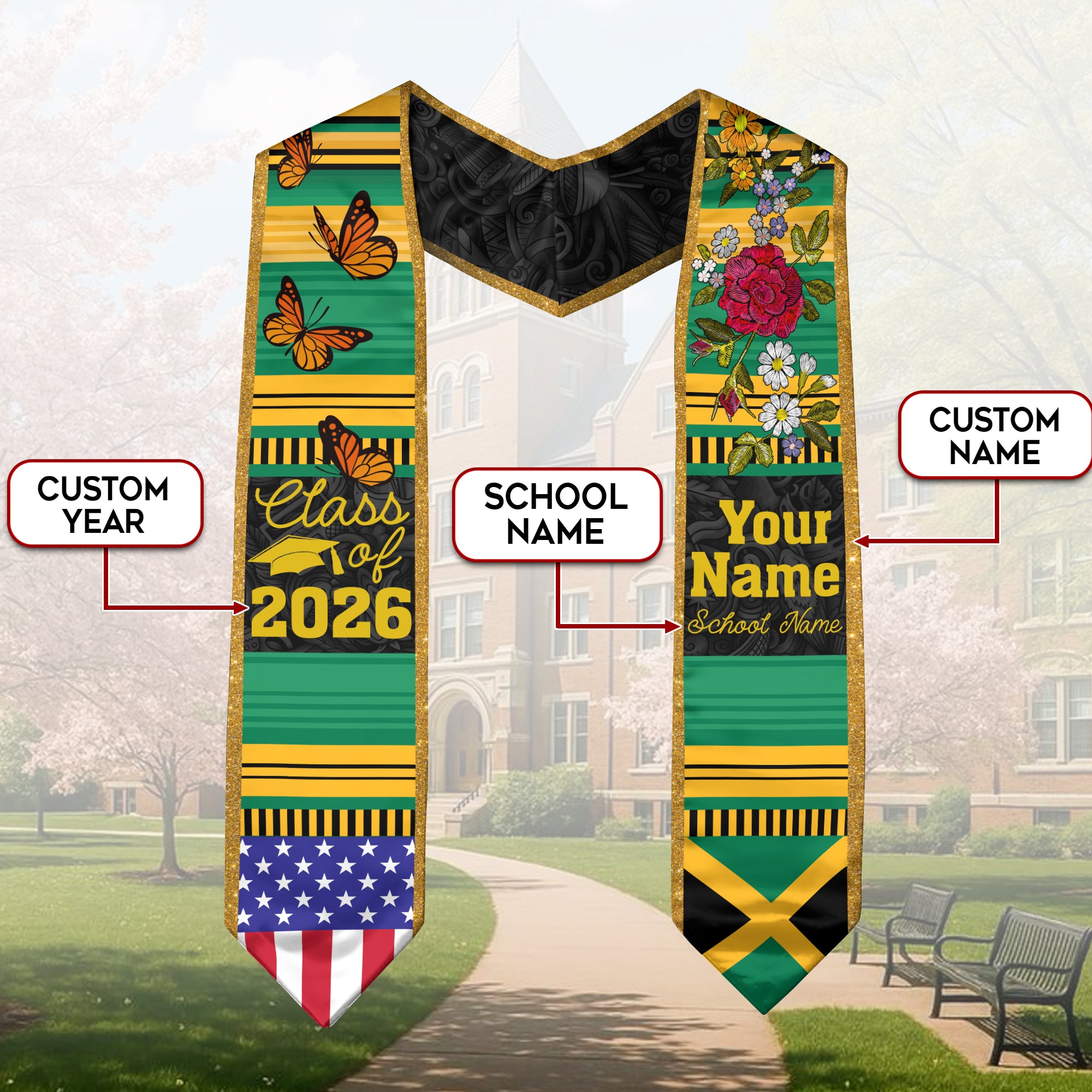 2026 Jamaica Flag Graduation Sash, Jamaica Stole, Optional Personalized Detail