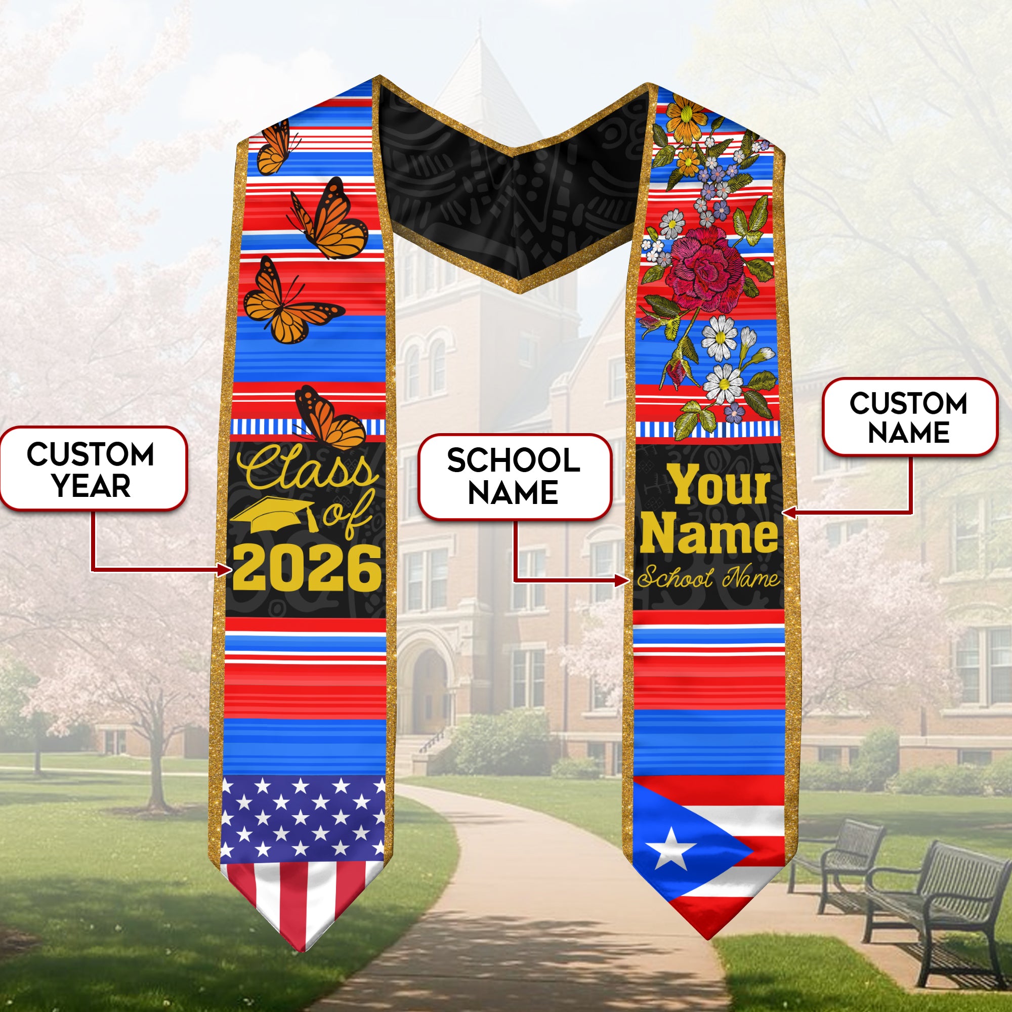 2026 Puerto Rico Flag Graduation Stole, Puerto Rican Sash, Personalized Detail