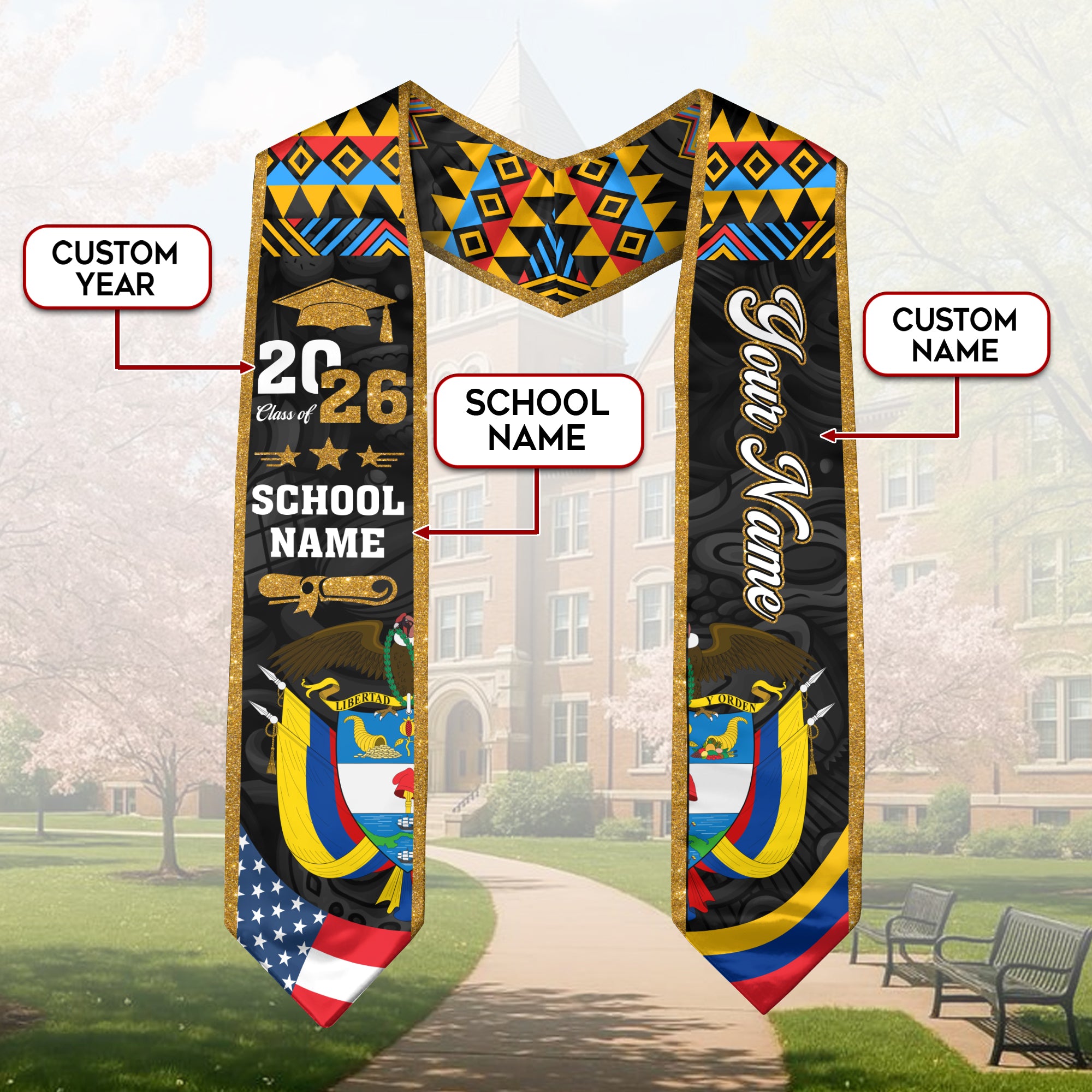 Customized Colombia Graduation Stole, Colombian Flag Stole, Graduation Sash for Graduates 2026