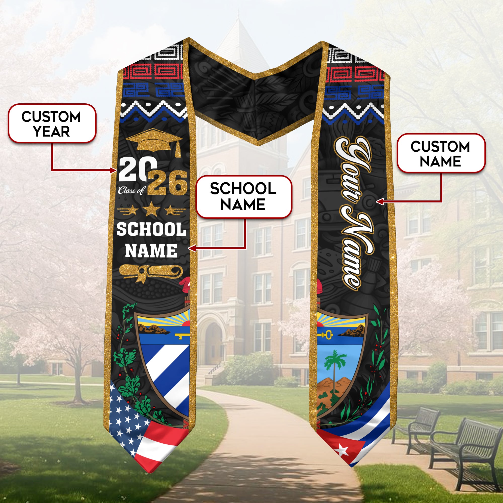 Cuba Flag Graduation Stole 2026, Cuba Sash, Add Personal Detail