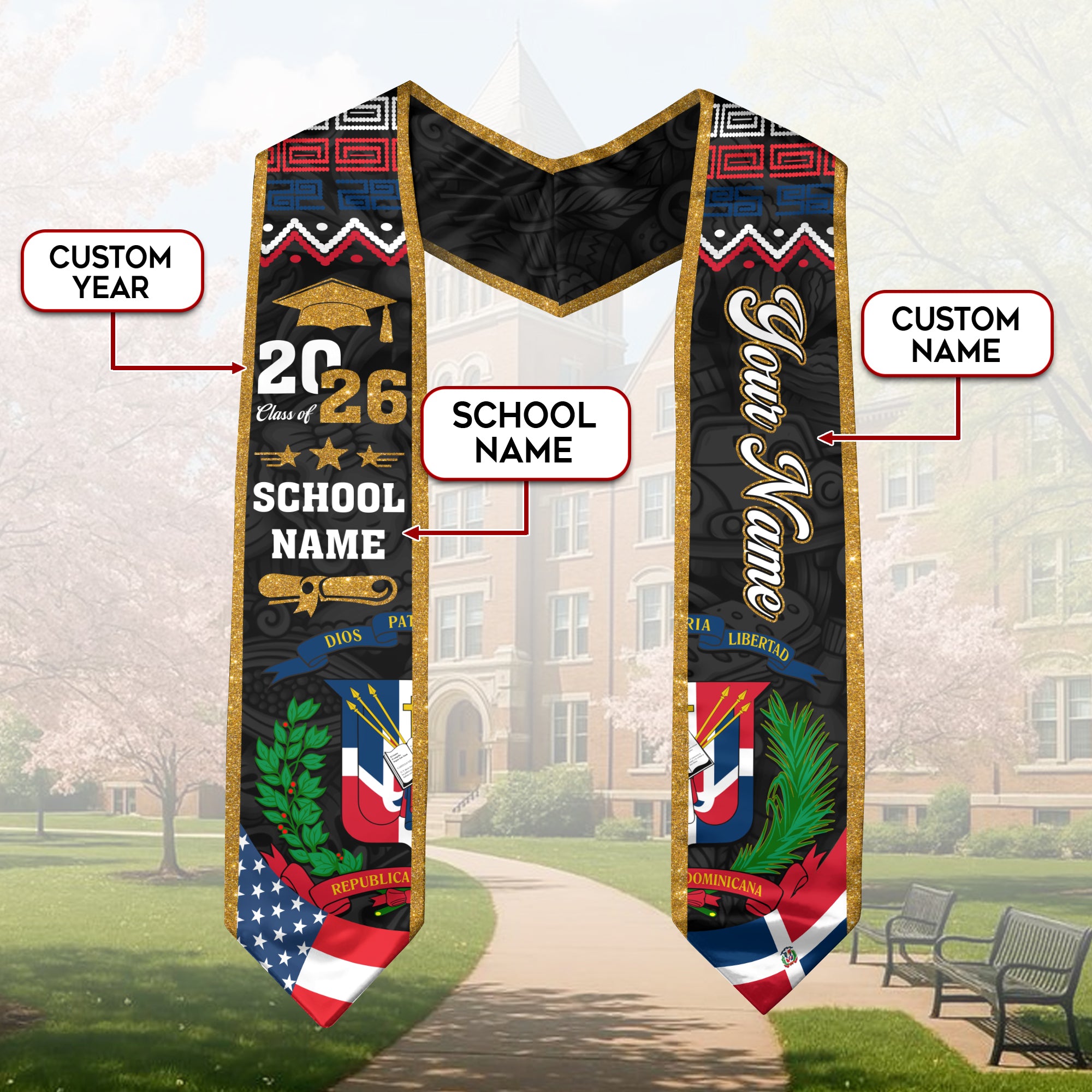 Dominican Flag Graduation Sash 2026, Dominican Stole, Custom Detail Option