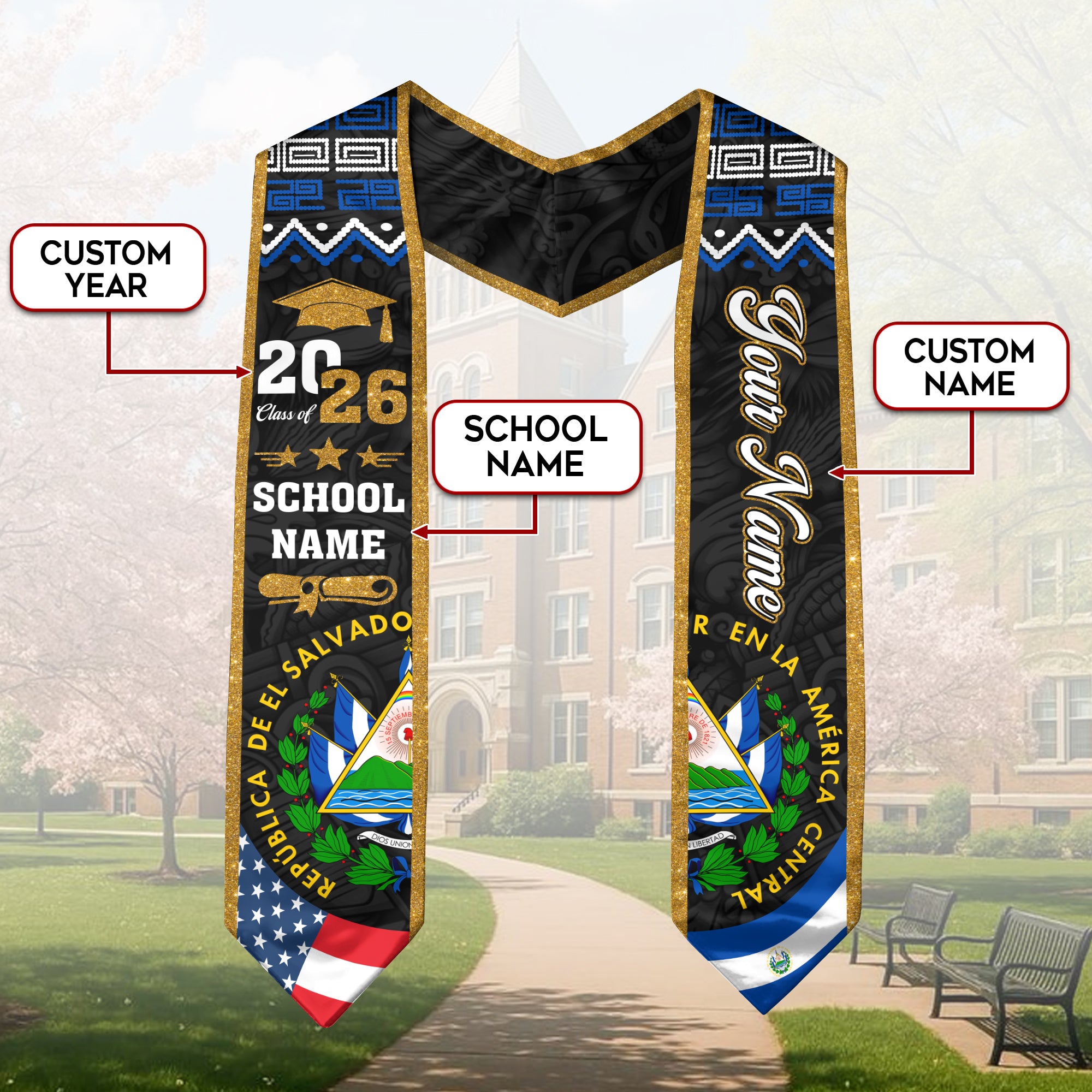 El Salvador Flag Sash 2026, El Salvador Graduation Stole, Add Custom Detail