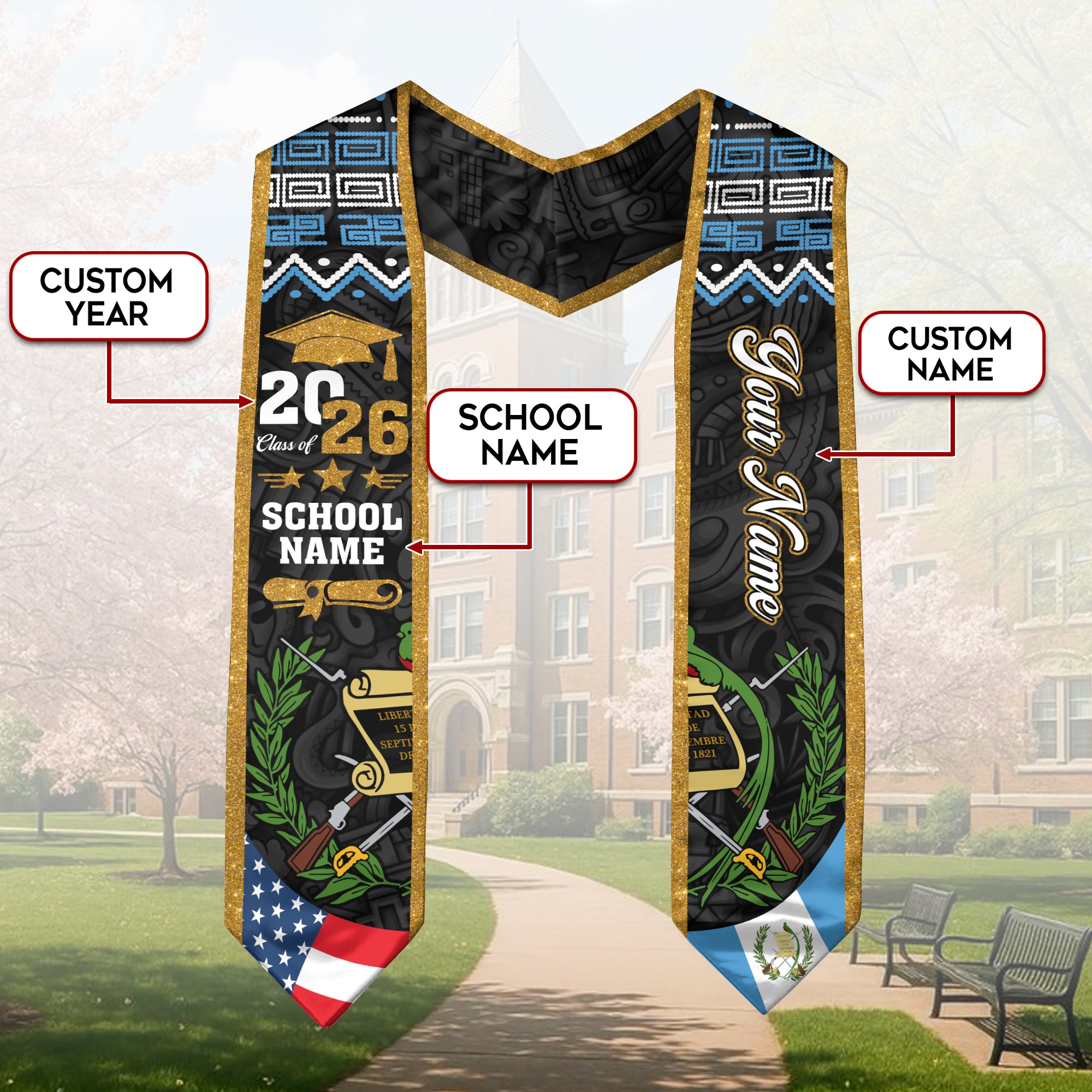Guatemala Flag Sash 2026, Guatemala Graduation Stole, Add Custom Detail