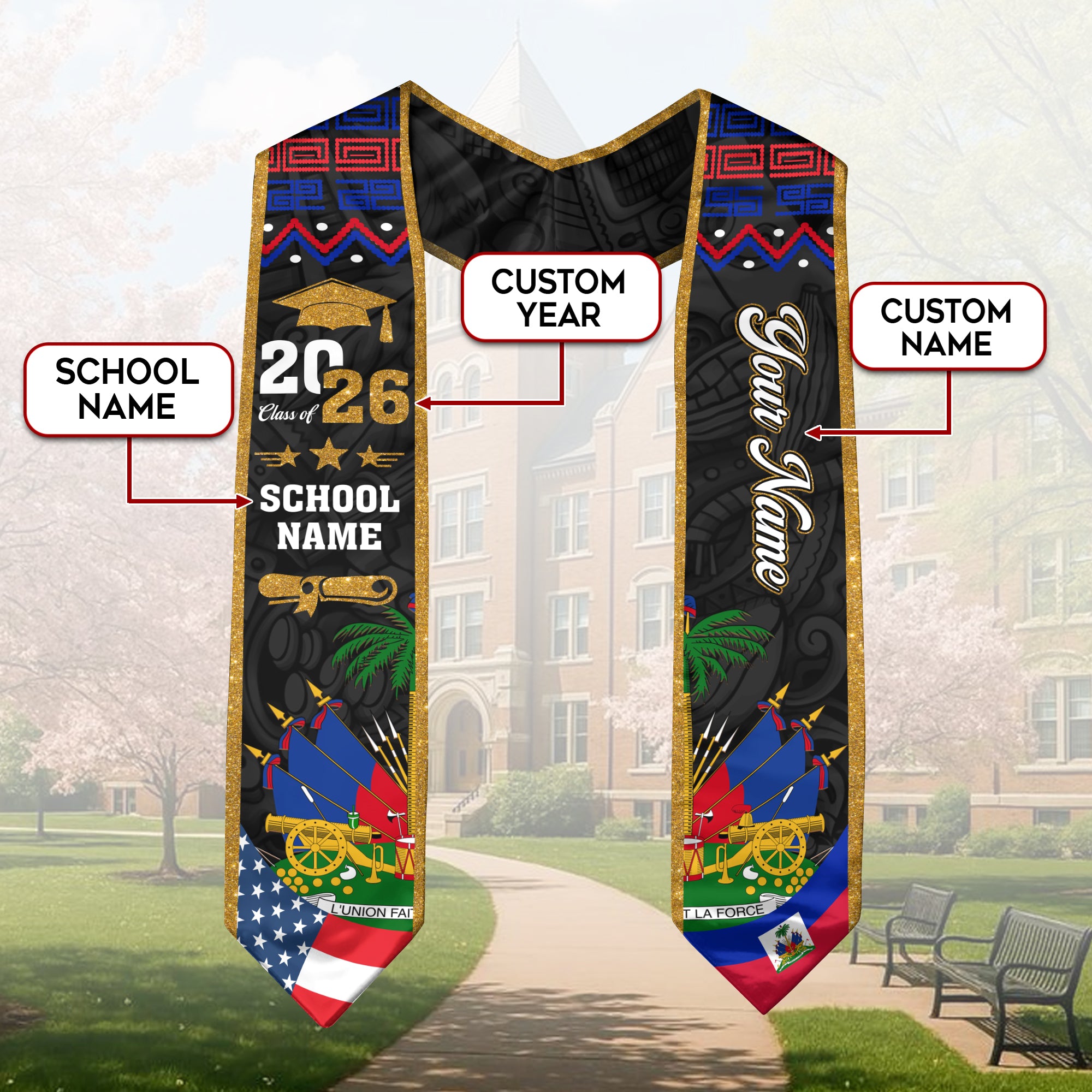 Haiti Flag Graduation Stole 2026, Haiti Sash, Custom Personalization Option