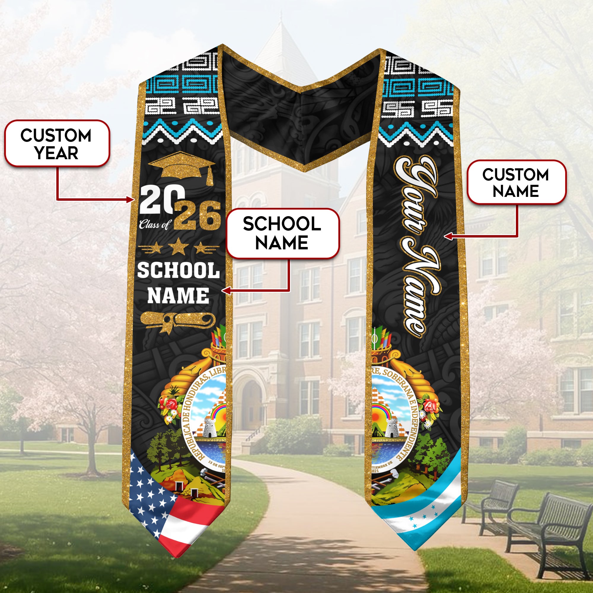 Honduras Flag Sash 2026, Honduras Graduation Stole, Custom Detail Option