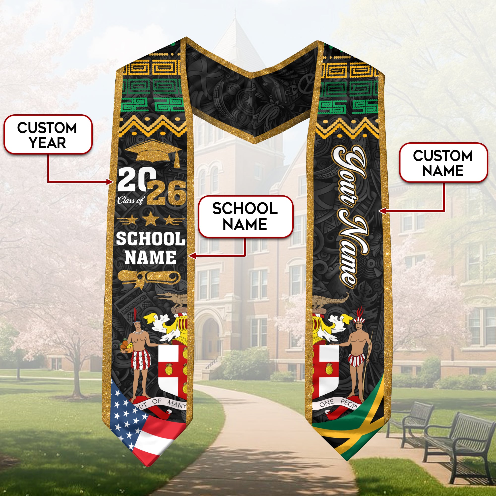Jamaica Flag Sash 2026, Jamaican Graduation Stole, Add Custom Detail Option