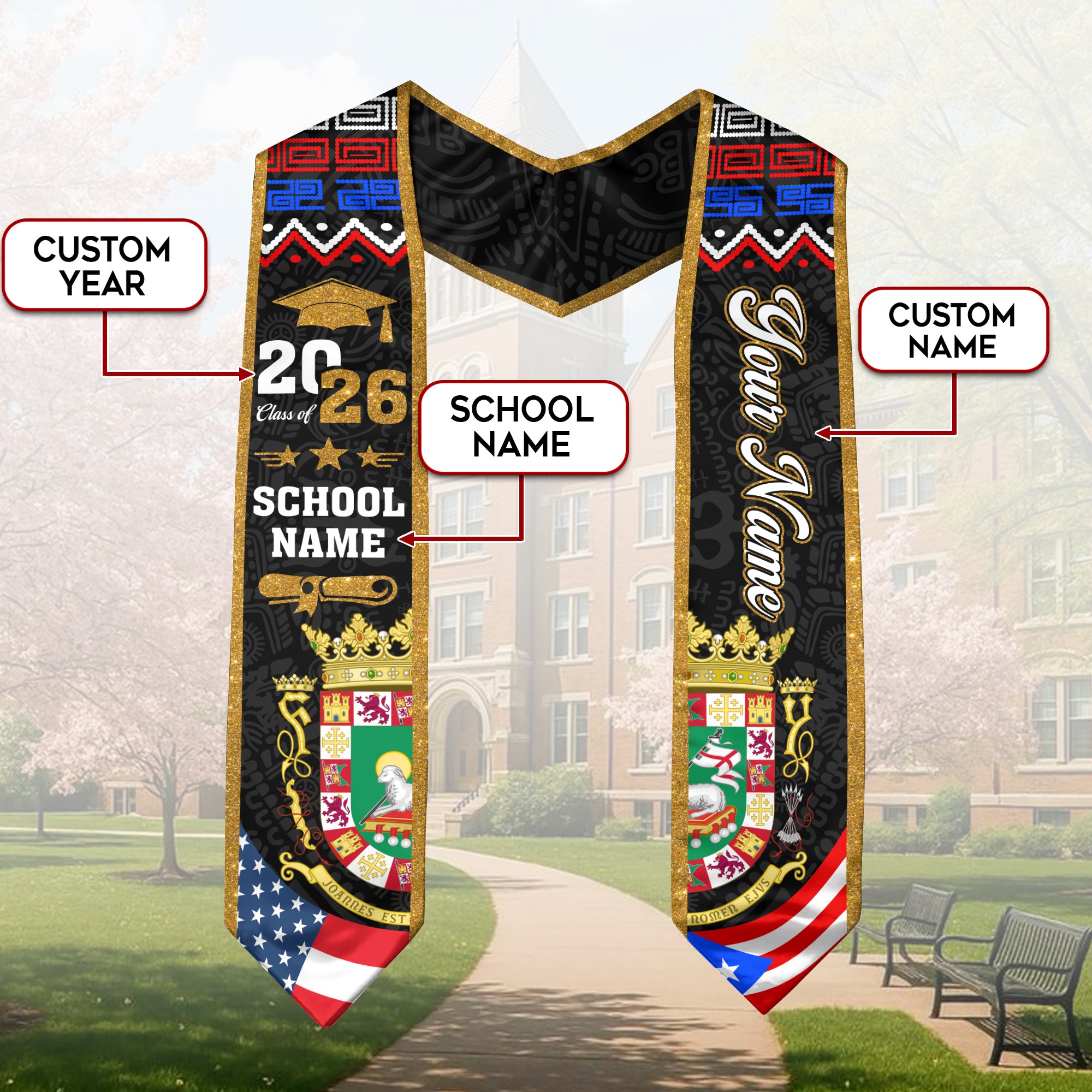 Puerto Rico Graduation Stole 2026, Puerto Rican Flag Sash, Add Your Personal Detail
