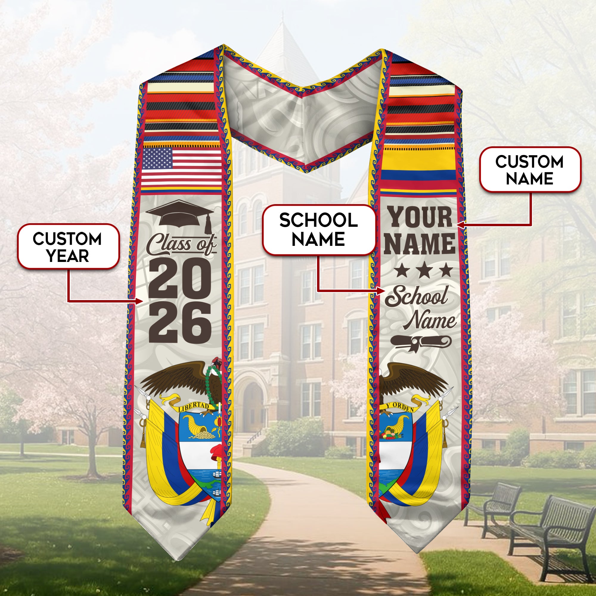 Customized Colombia American Graduation Stole, Colombia Flag Graduation Sash, Class of 2026