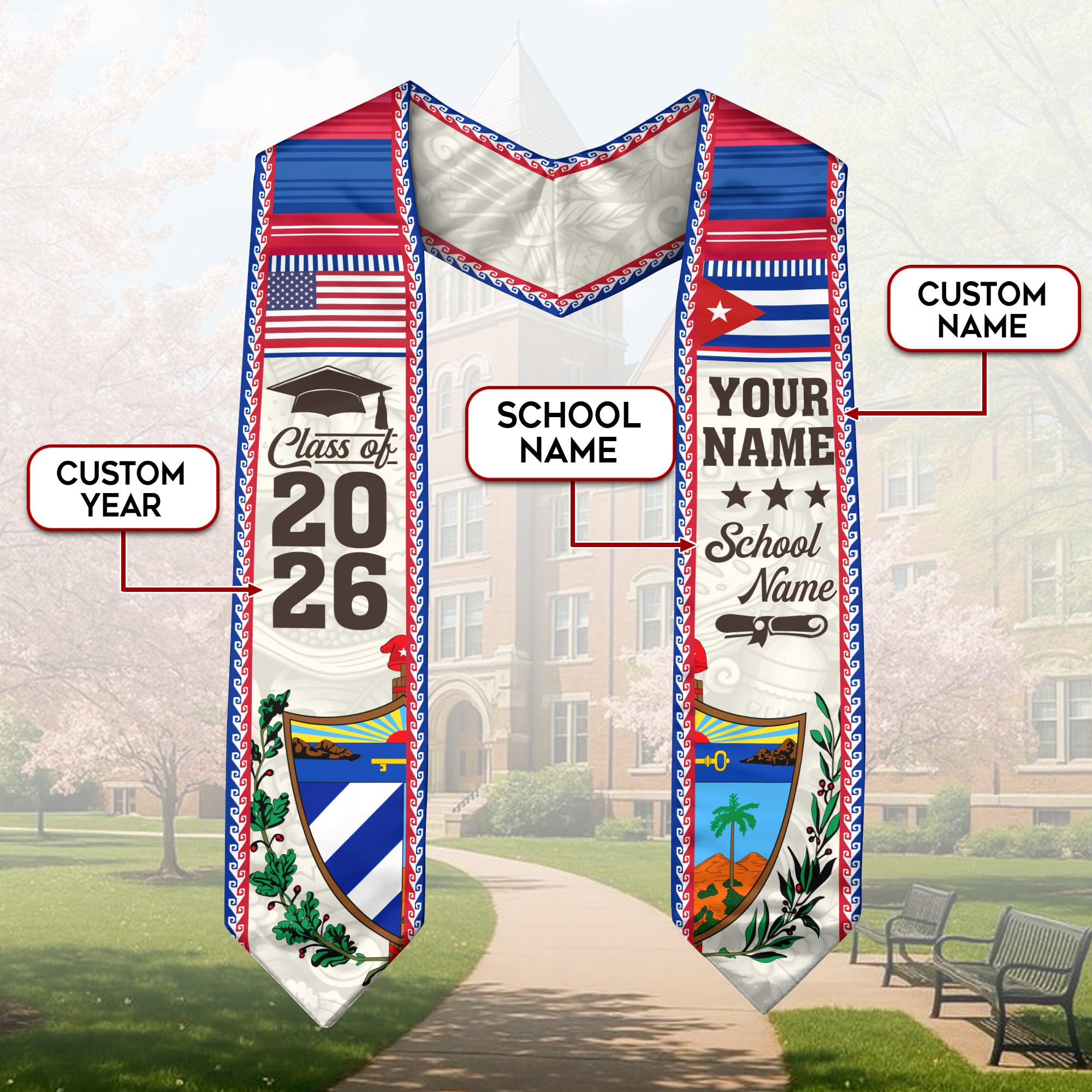 2026 Cuba Graduation Sash, Cuban Flag Stole, Personalized Detail Option