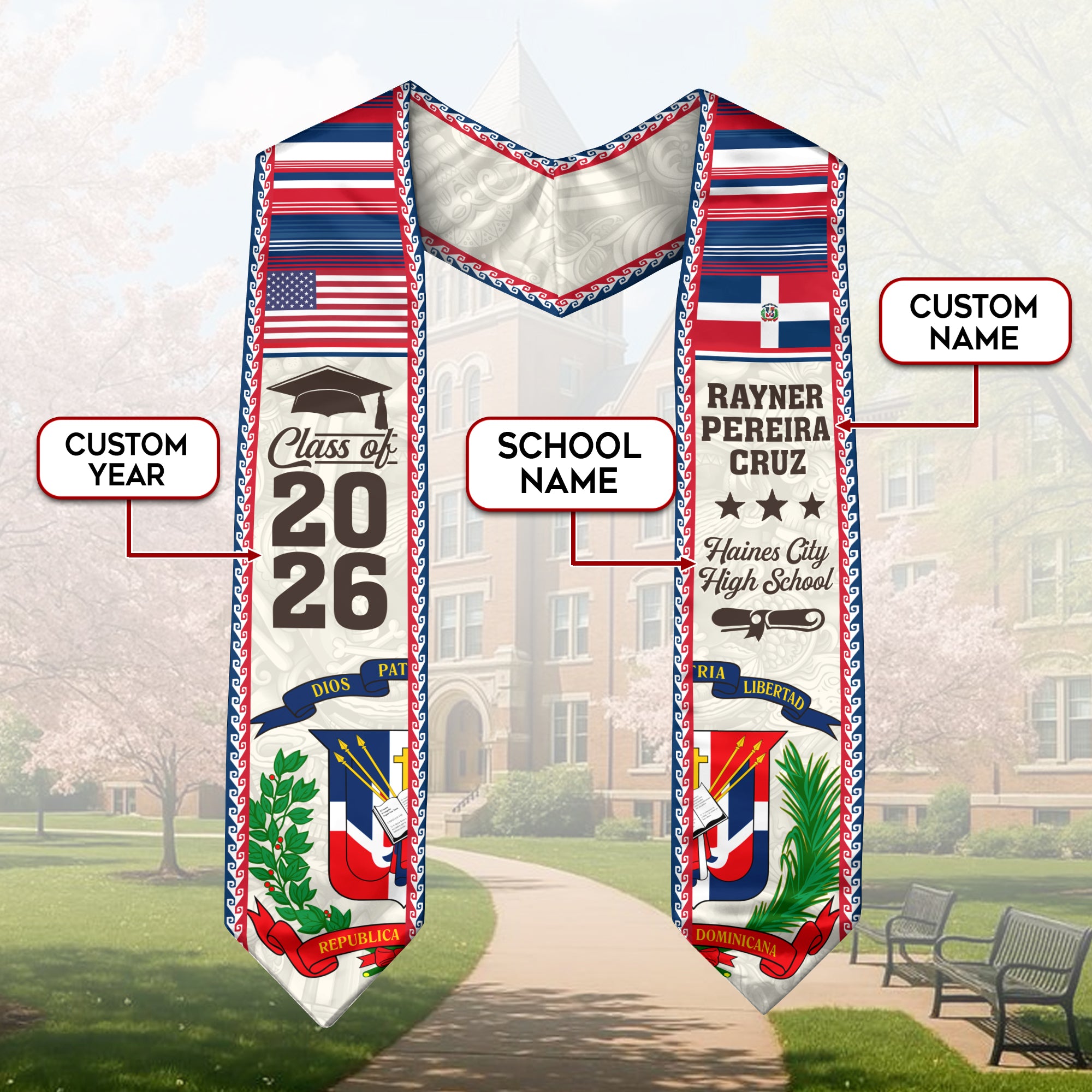 2026 Dominican Republic Graduation Stole, Dominican Flag Sash, Personal Detail