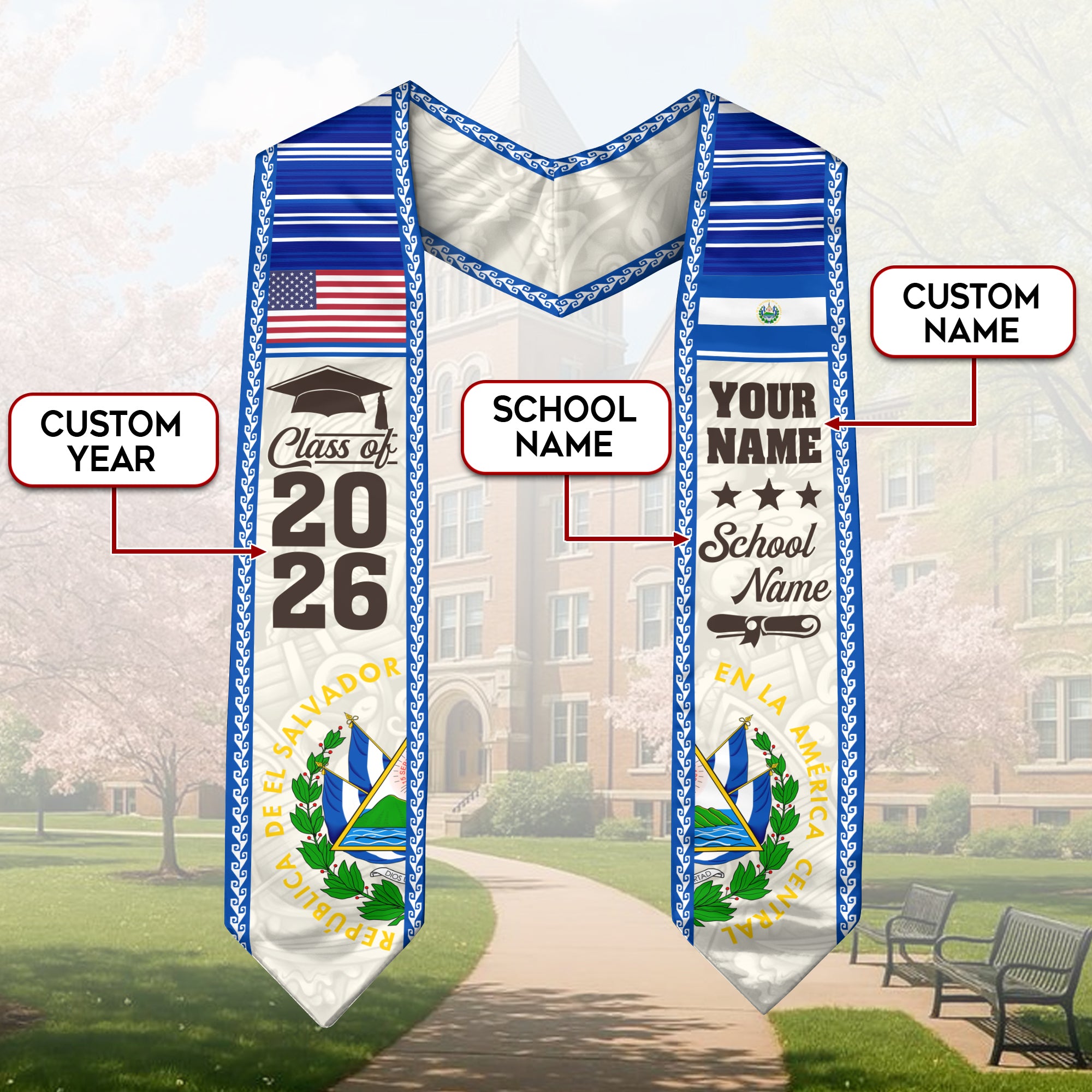 2026 El Salvador Graduation Stole, El Salvador Flag Sash, Personal Detail Option