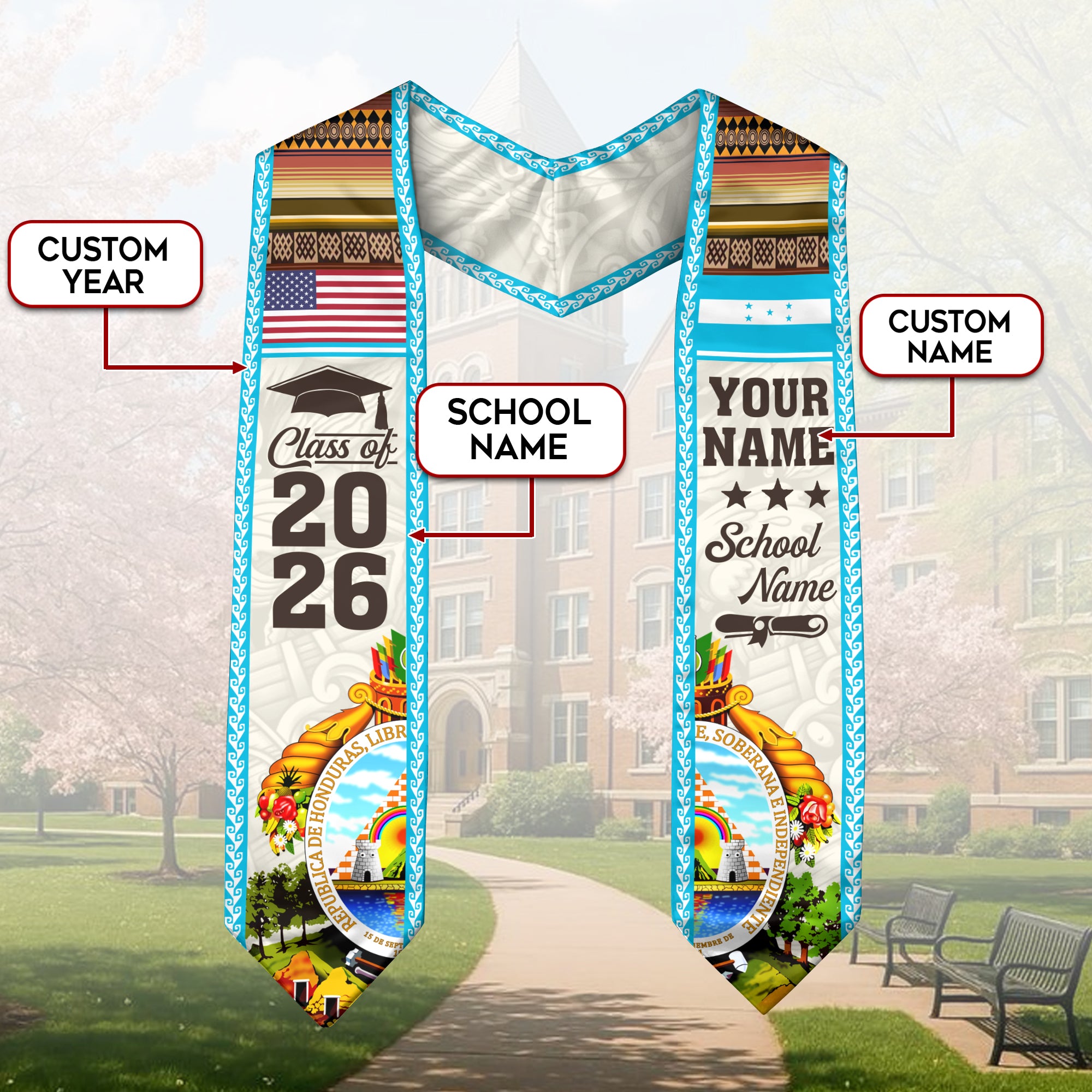 2026 Honduras Graduation Stole, Honduras Flag Sash, Personalized Detail Option