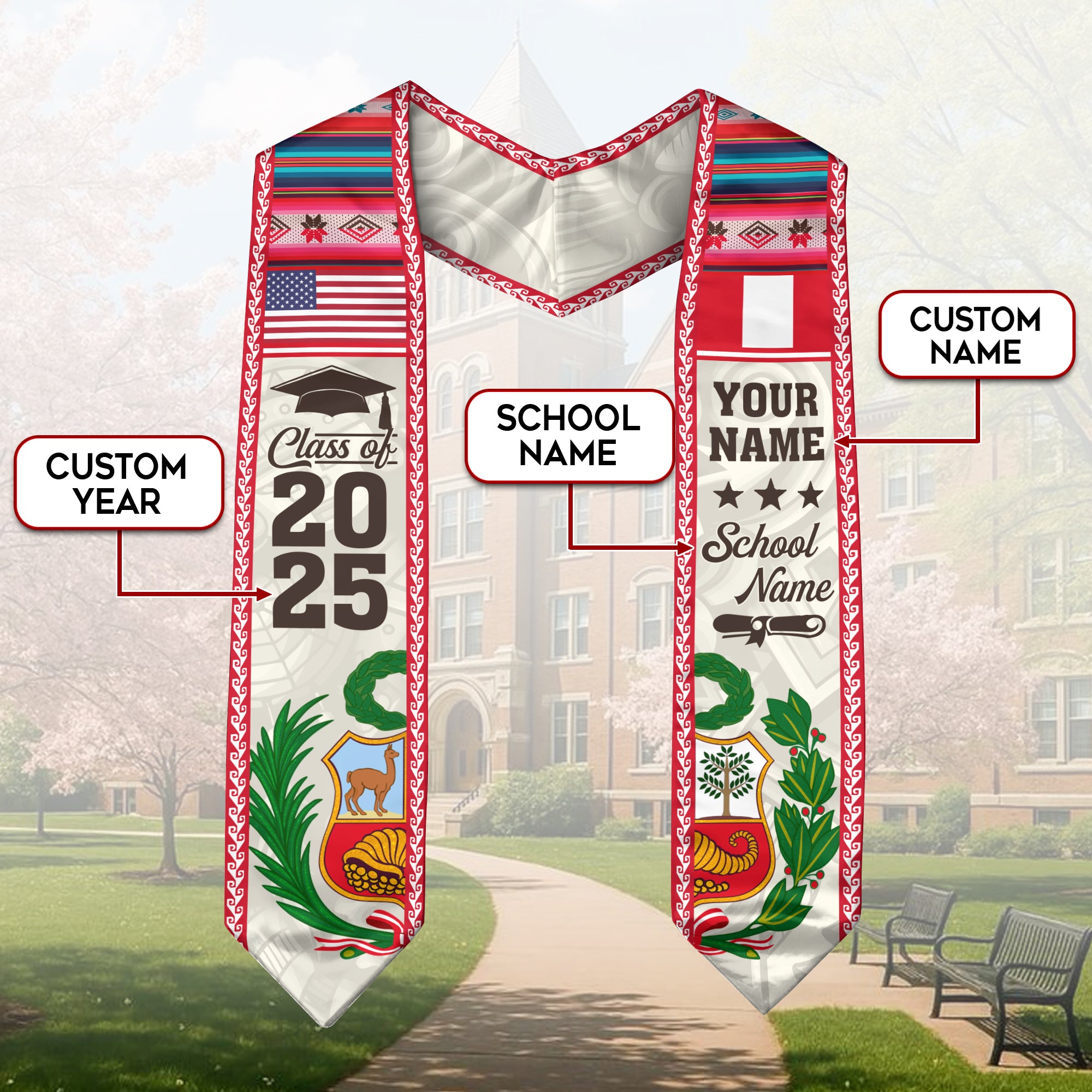 Customized Peru American Graduation Stole, Peru Flag Graduation Sash, Class of 2026