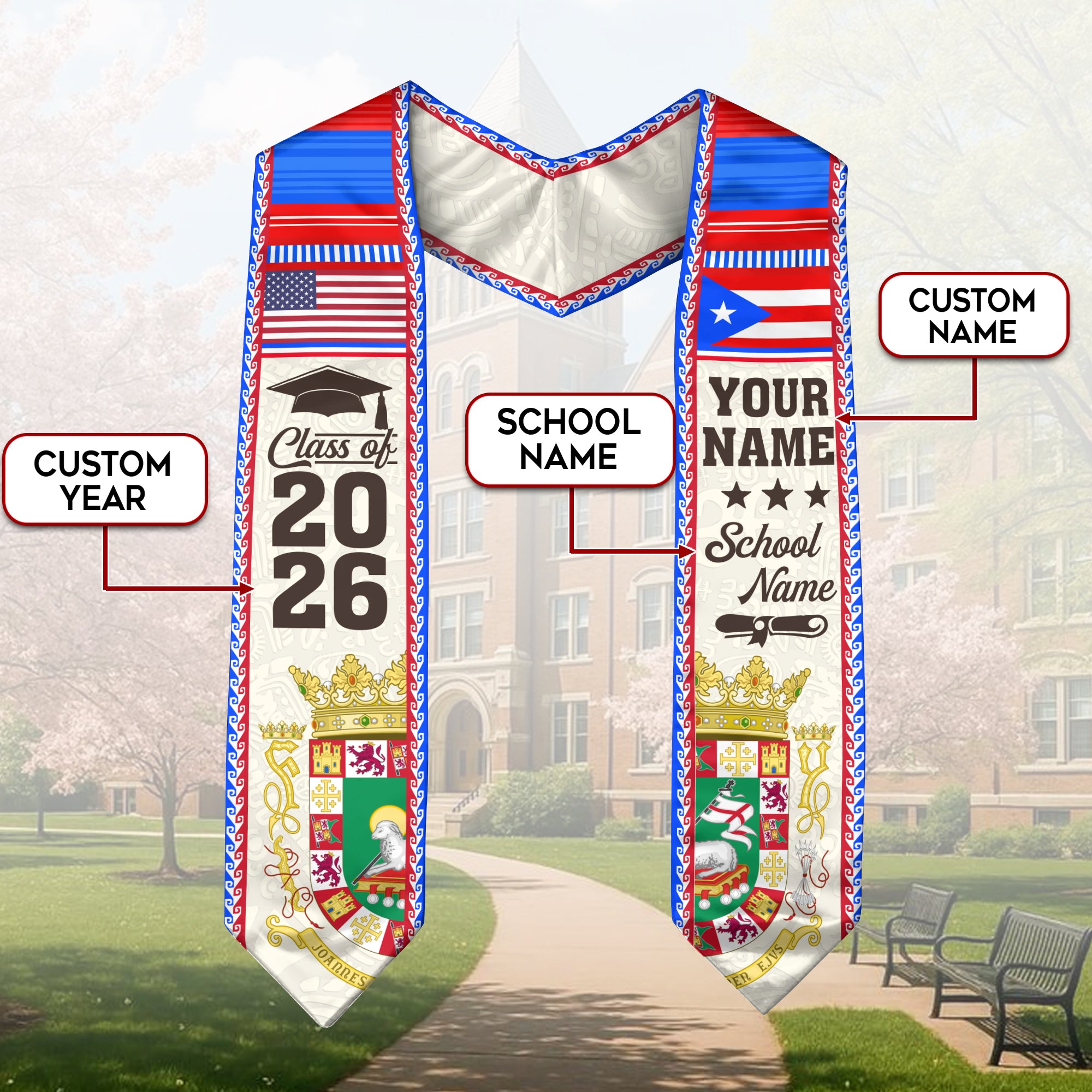 2026 Puerto Rico Flag Sash, Graduation Stole, Personal Detail Option for Grads