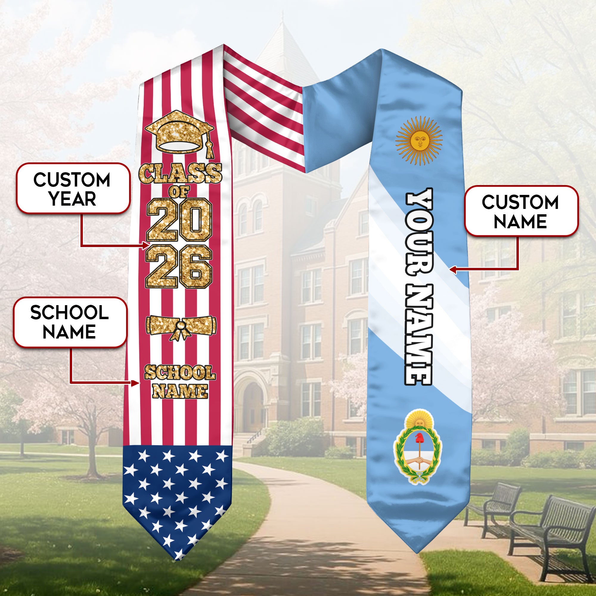 Customized Argentina Graduation Stole with National Flag Accent, Graduation Sash 2026, Class of 2026