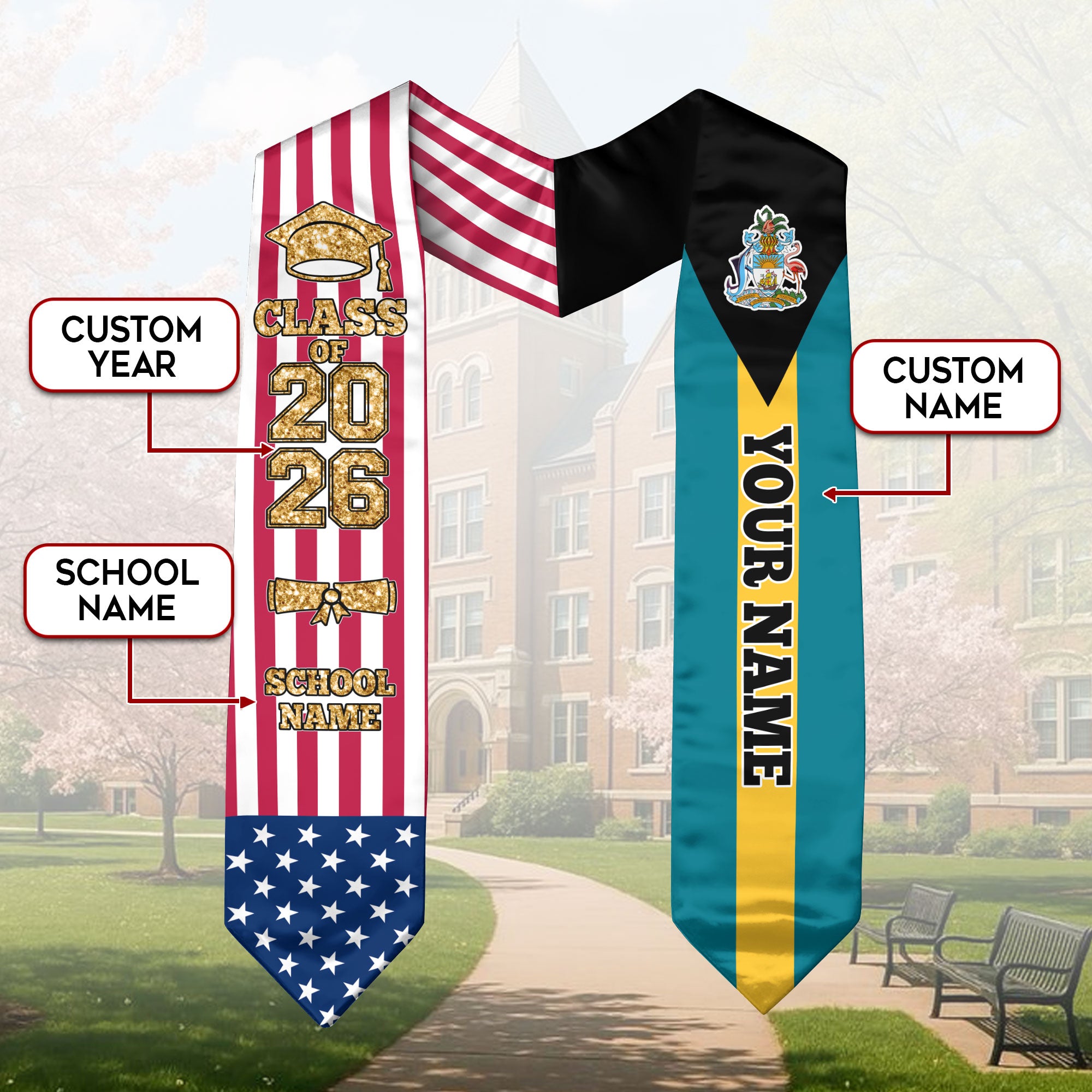 Customized Bahamas Graduation Stole with Island Flag Accent, Graduation Sash 2026, Class of 2026