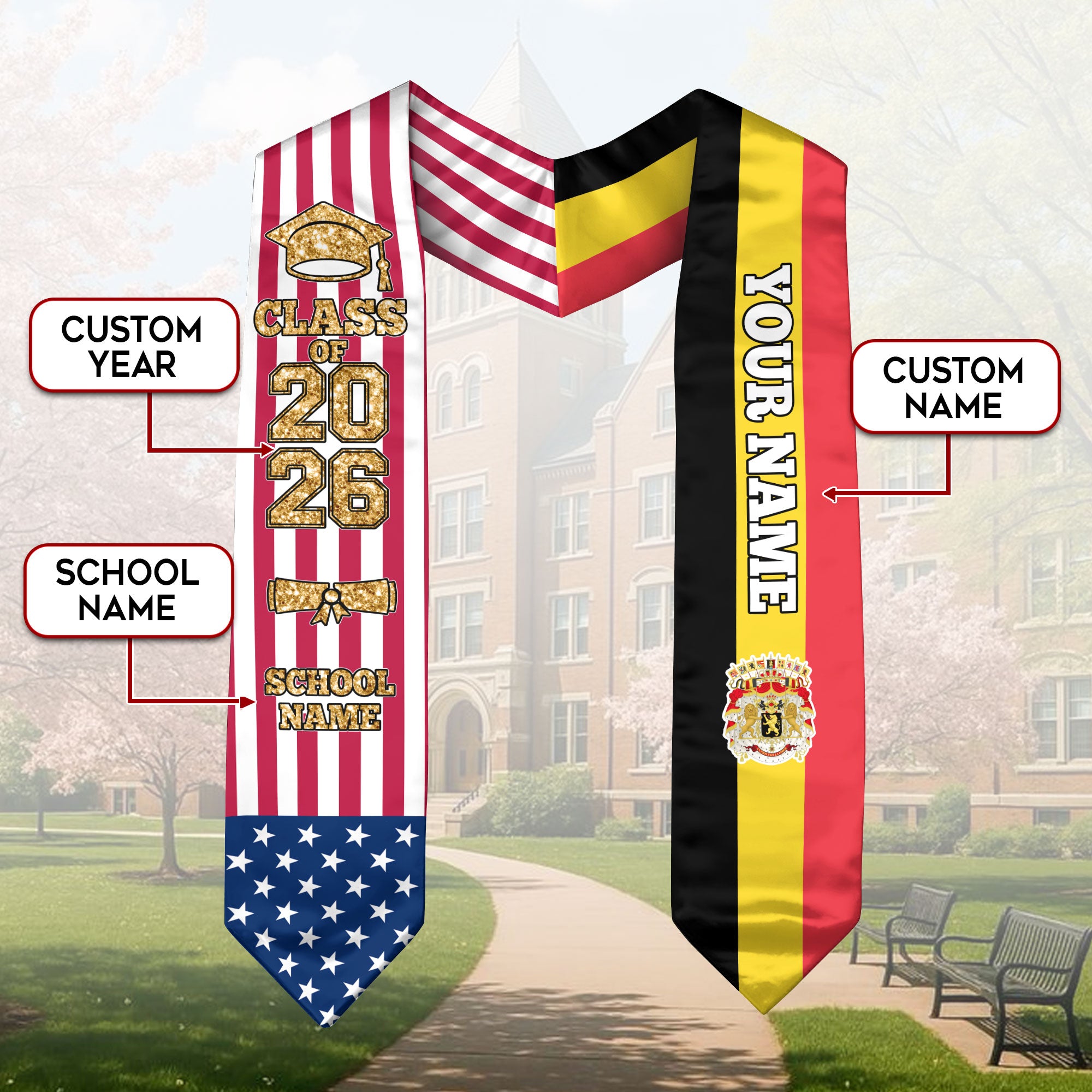 Customized Belgium Graduation Stole with National Flag Detail, Graduation Sash 2026, Class of 2026