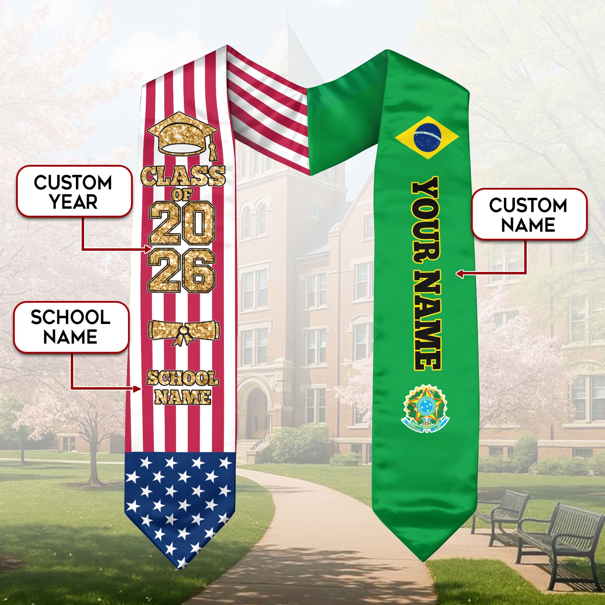 Customized Brazil Graduation Stole Featuring Brazilian Flag Colors, Graduation Sash 2026, Class of 2026