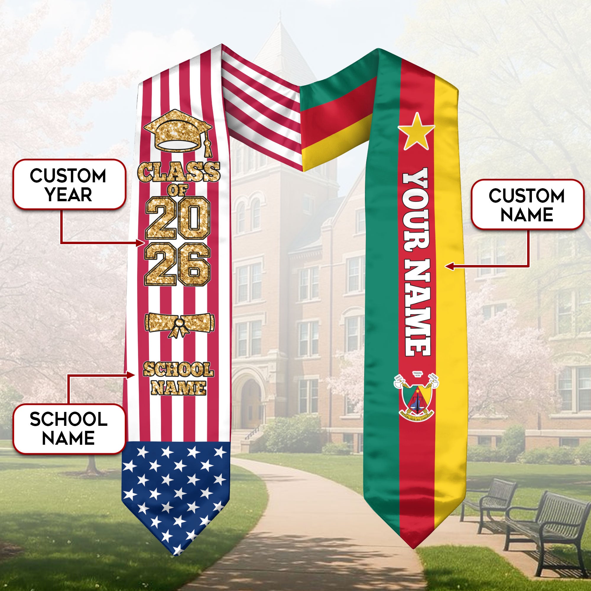 Customized Cameroon Graduation Stole with National Flag Feature, Graduation Sash 2026, Class of 2026