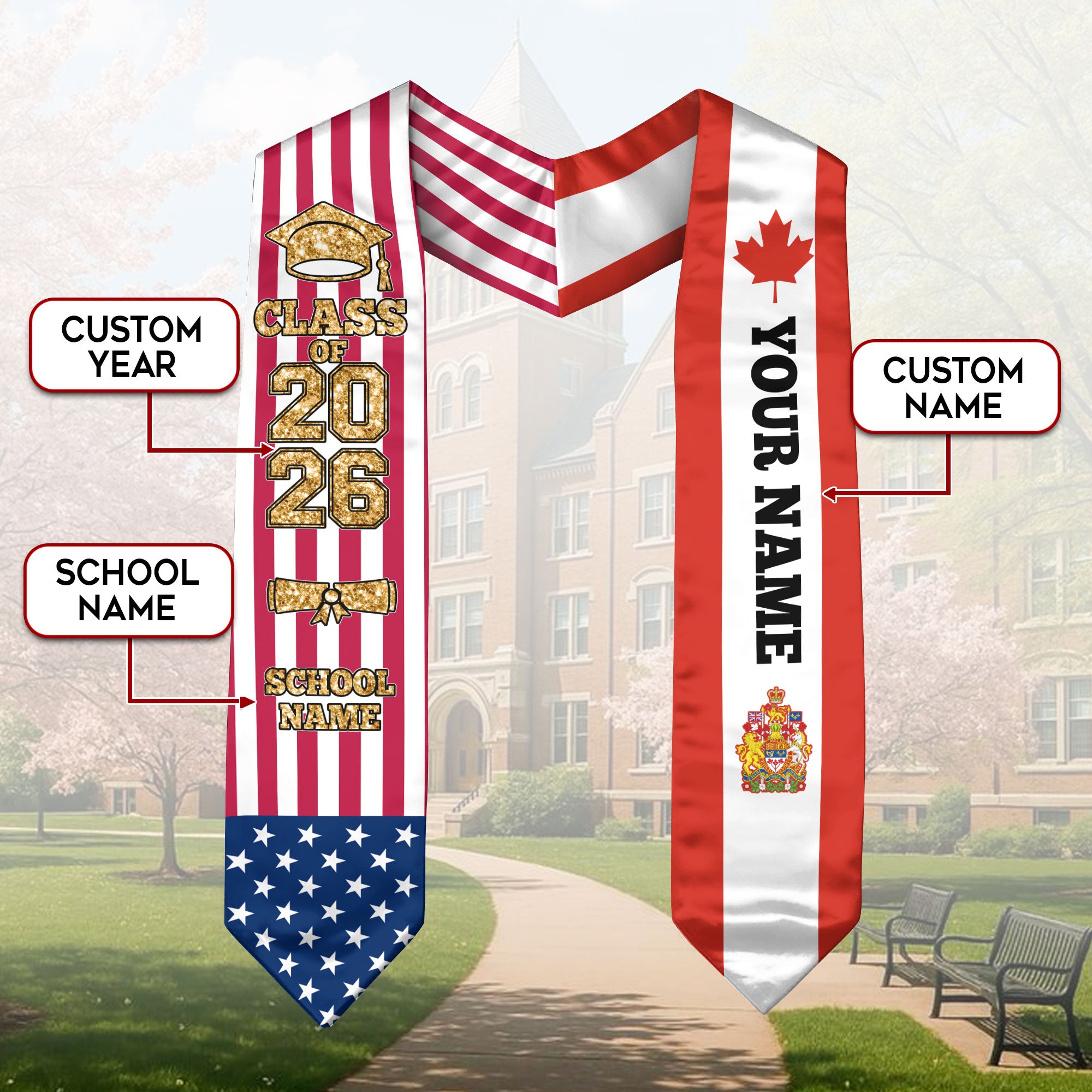 Customized Canada Graduation Stole with Canadian Flag Accent, Graduation Sash 2026, Class of 2026