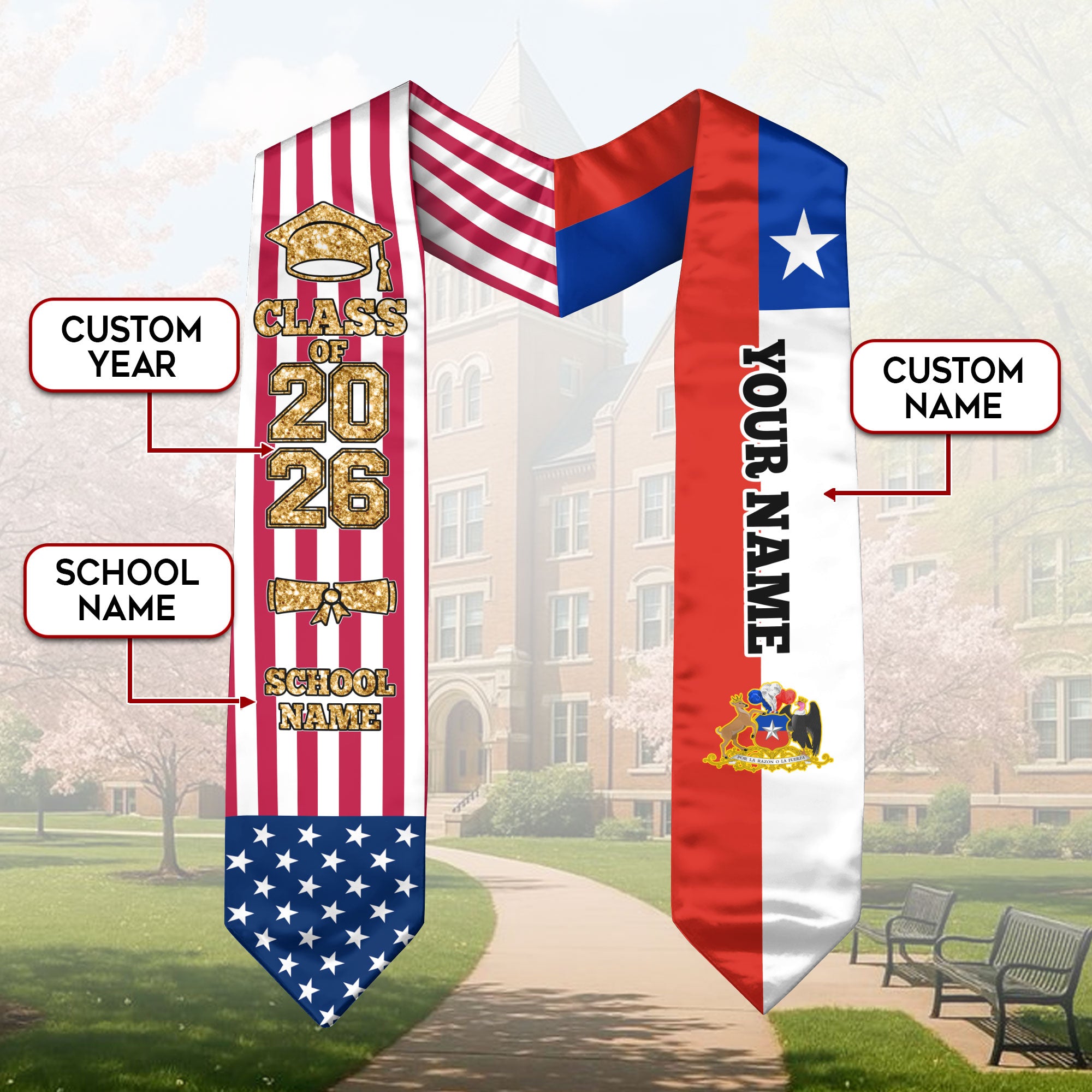 Customized Chile Graduation Stole Featuring Chilean Flag Design, Graduation Sash 2026, Class of 2026