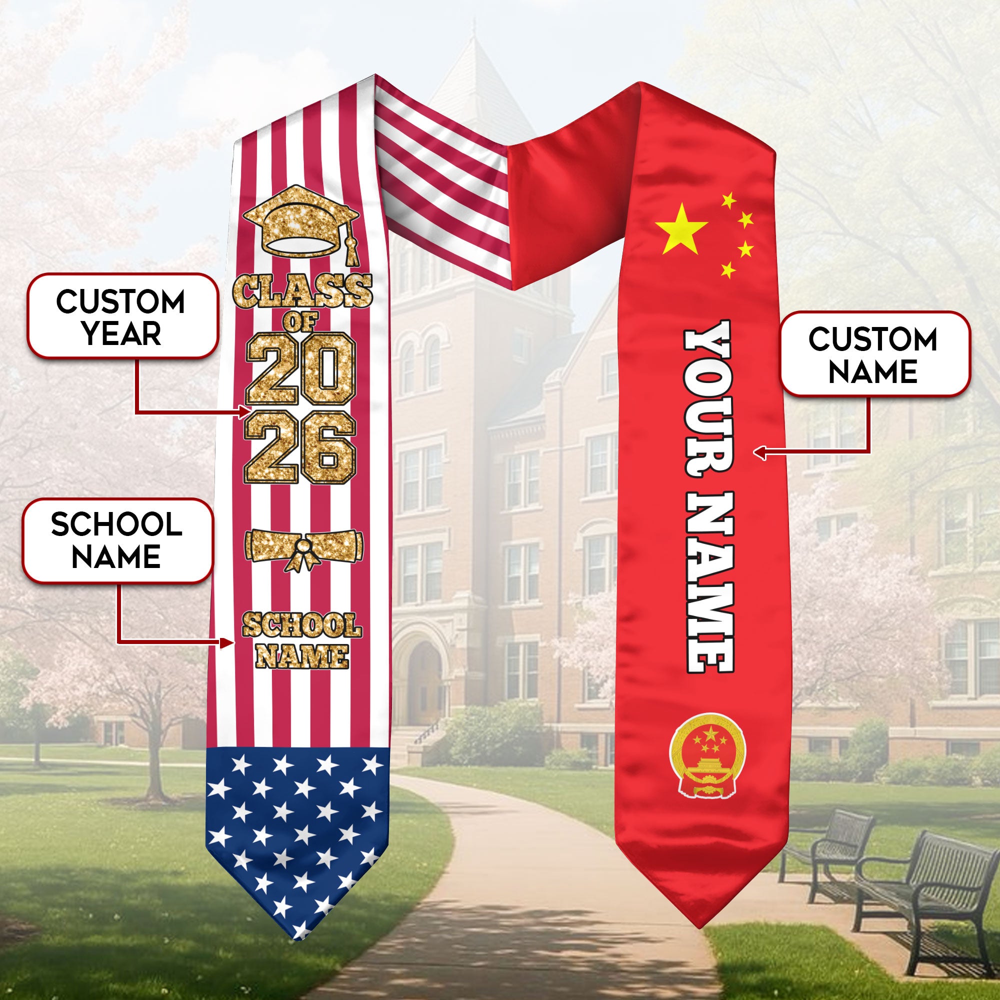 Customized China Graduation Stole with National Flag Detail, Graduation Sash 2026, Class of 2026