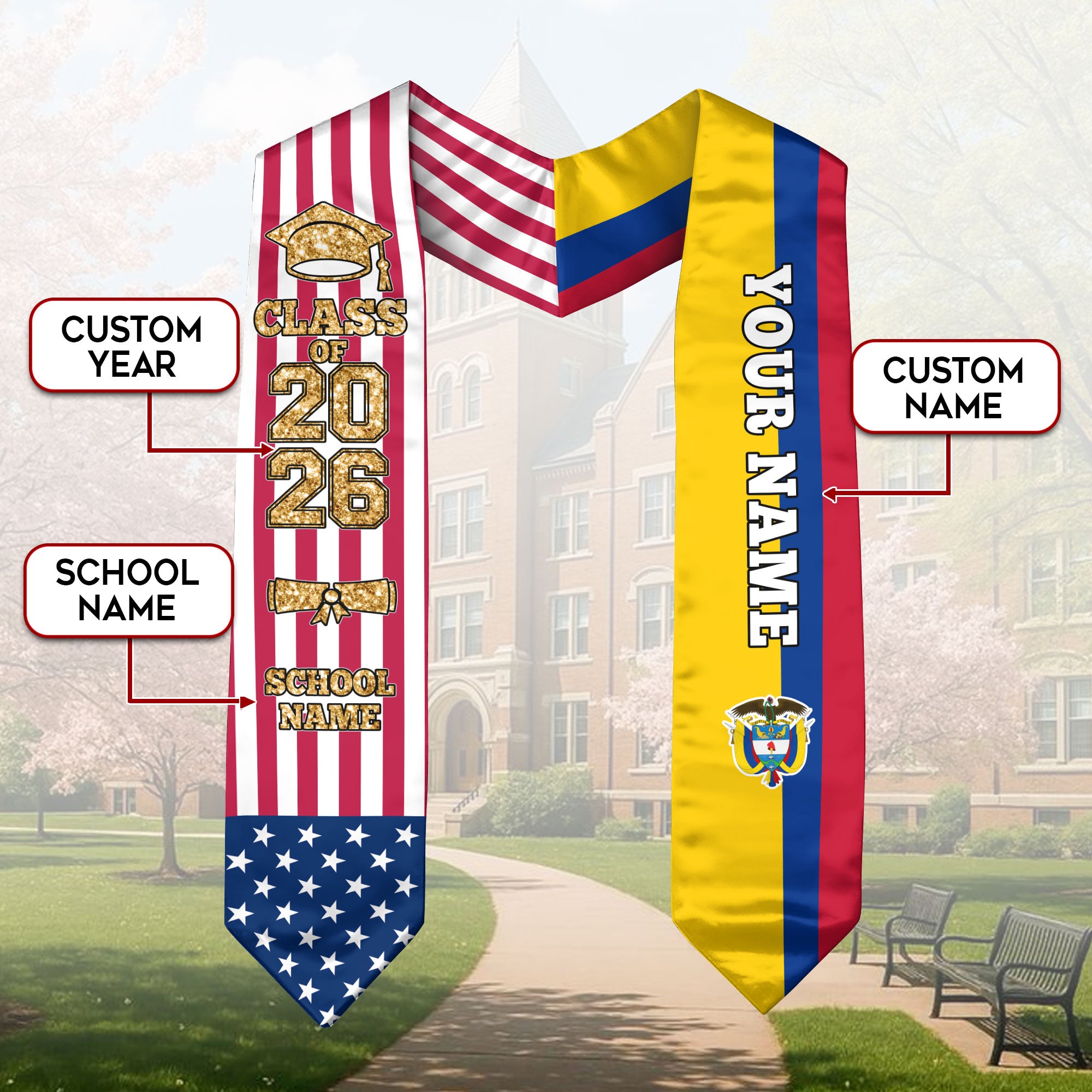 Customized Colombia Graduation Stole Featuring Colombian Flag Accent, Graduation Sash 2026, Class of 2026