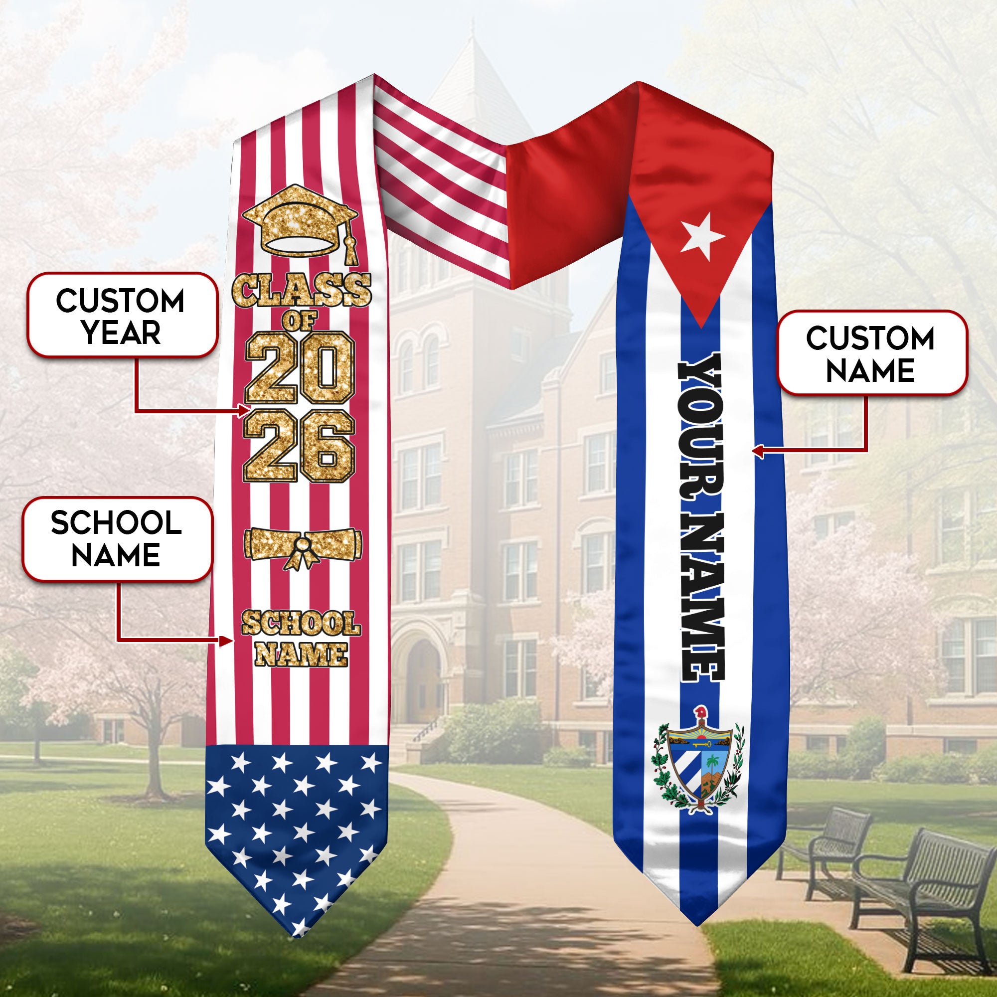 Customized Cuba Graduation Stole with Cuban Flag Highlight, Graduation Sash 2026, Class of 2026