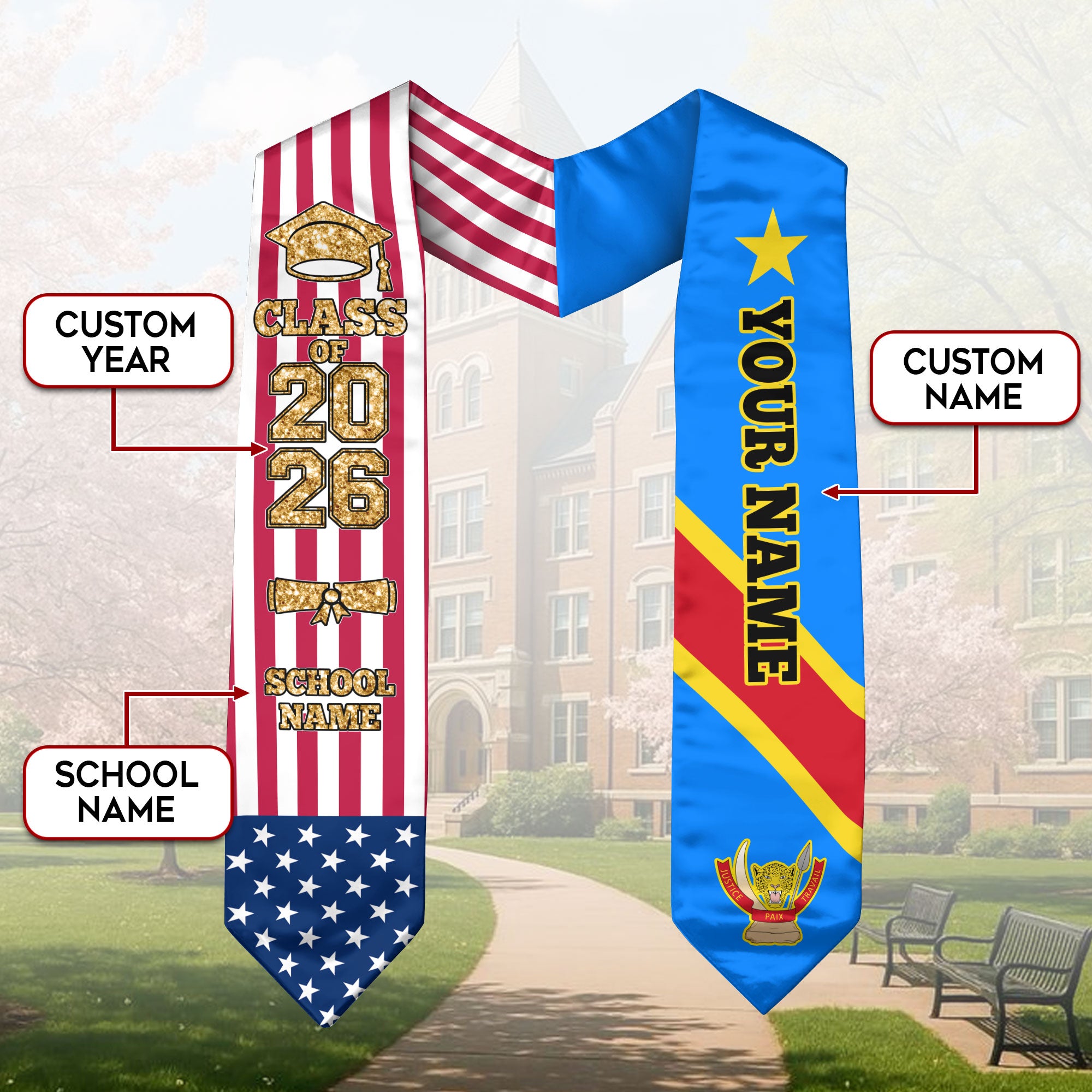 Customized DR Congo Graduation Stole Featuring National Flag Colors, Graduation Sash 2026, Class of 2026