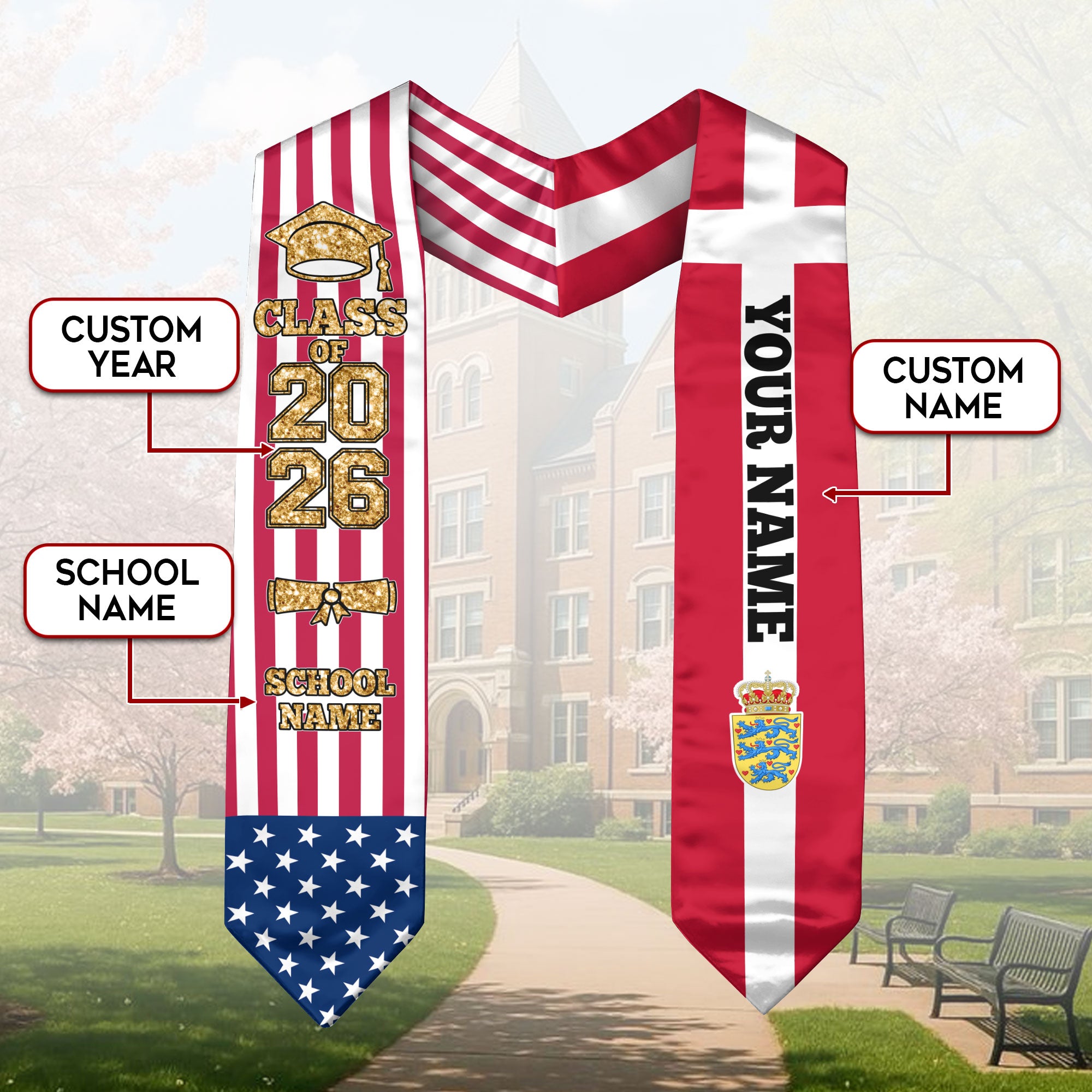 Customized Denmark Graduation Stole Featuring Danish Flag Design, Graduation Sash 2026, Class of 2026