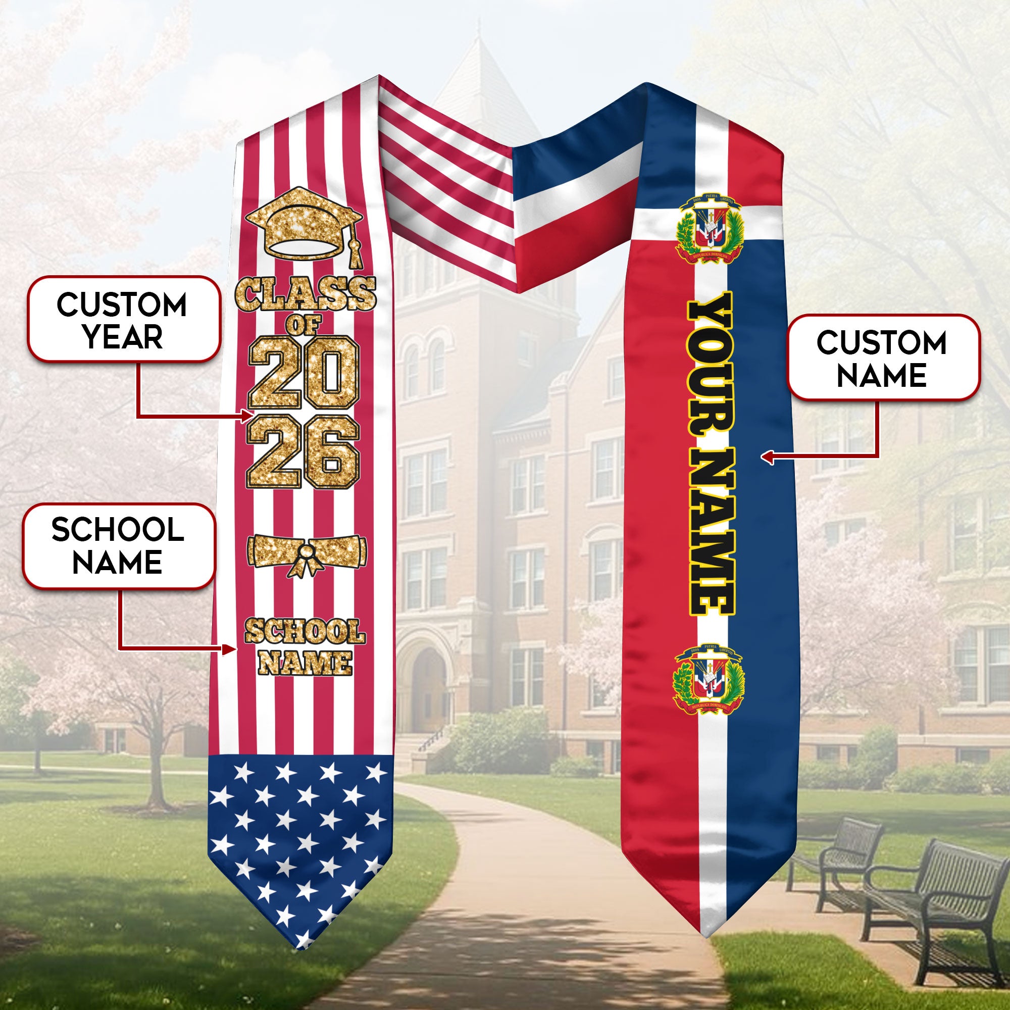 Customized Dominican Republic Graduation Stole with National Flag Accent, Graduation Sash 2026