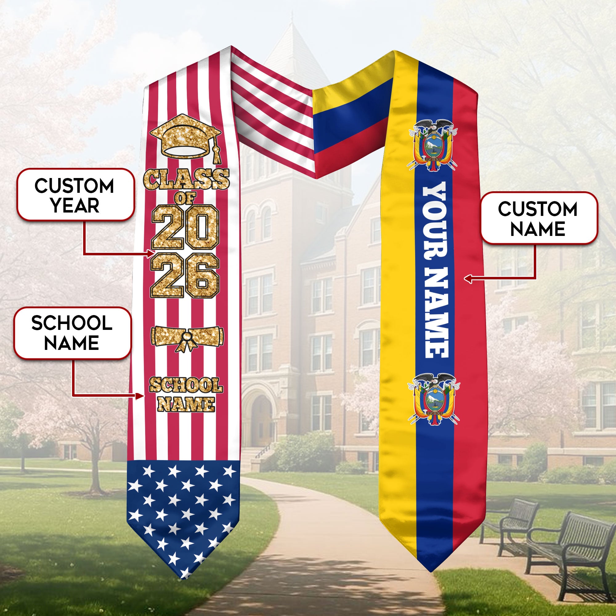 Customized Ecuador Graduation Stole with Ecuadorian Flag Detail, Graduation Sash 2026, Class of 2026
