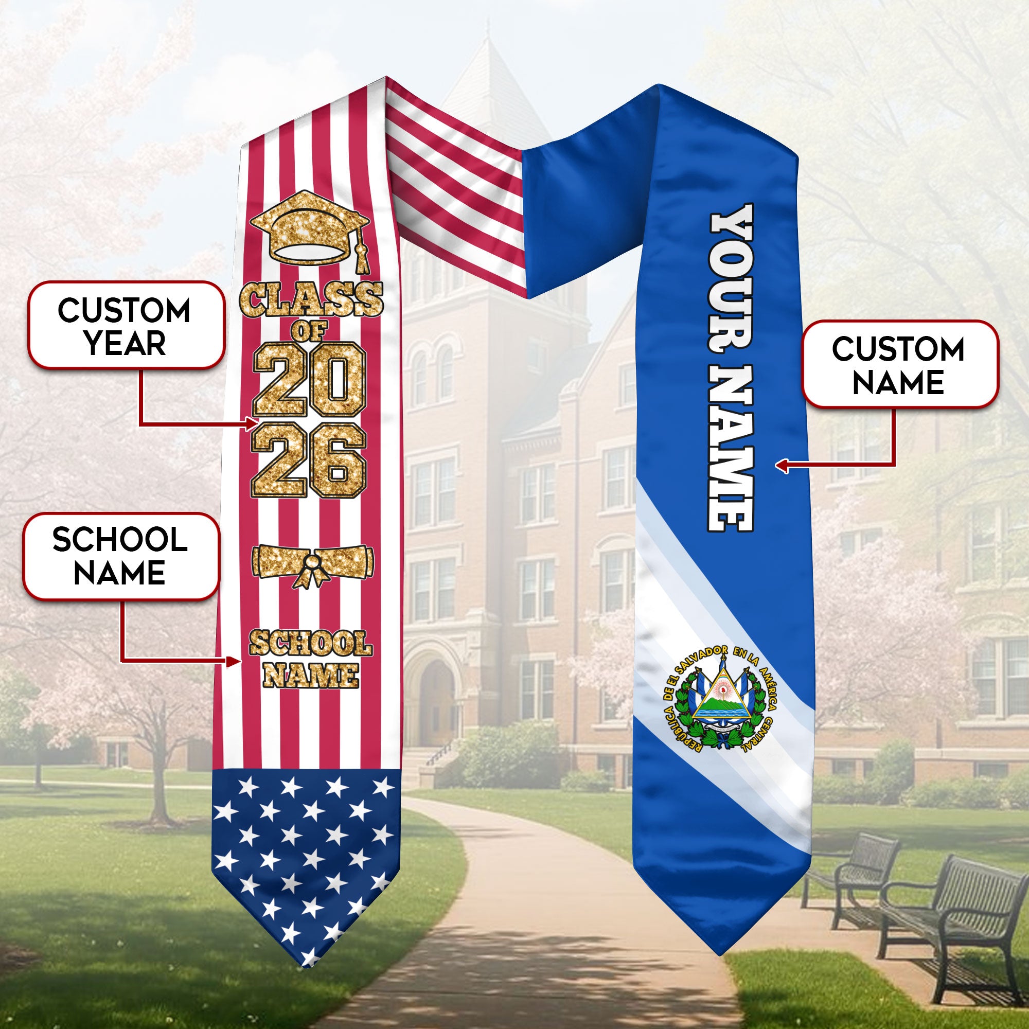 Customized El Salvador Graduation Stole Featuring Salvadoran Flag Accent, Graduation Sash 2026