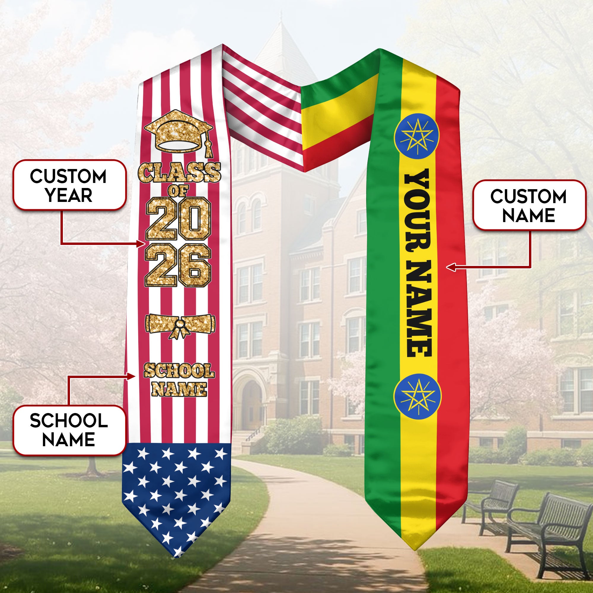 Customized Ethiopia Graduation Stole with Ethiopian Flag Feature, Graduation Sash 2026, Class of 2026