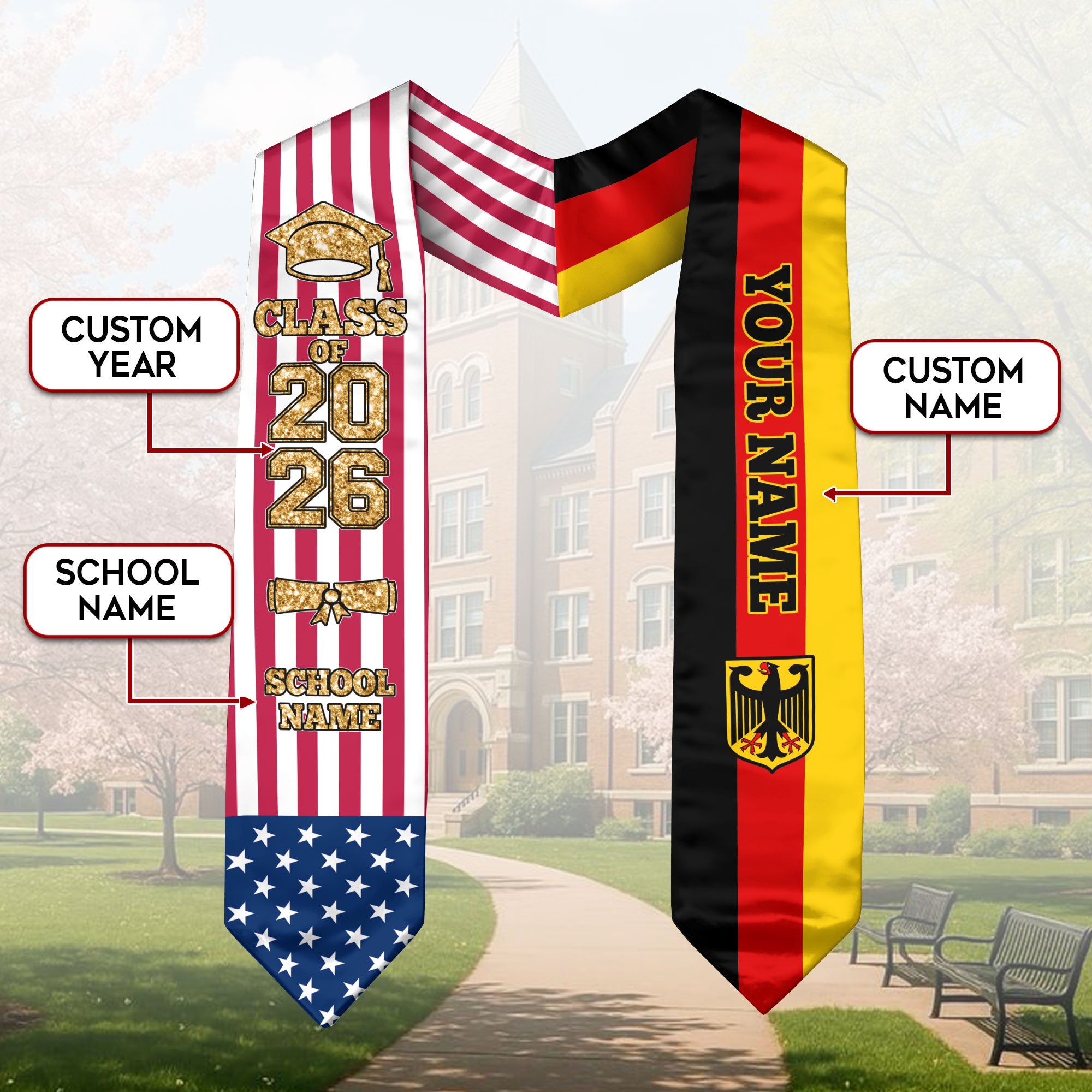 Customized Germany Graduation Stole with German Flag Accent, Graduation Sash 2026, Class of 2026
