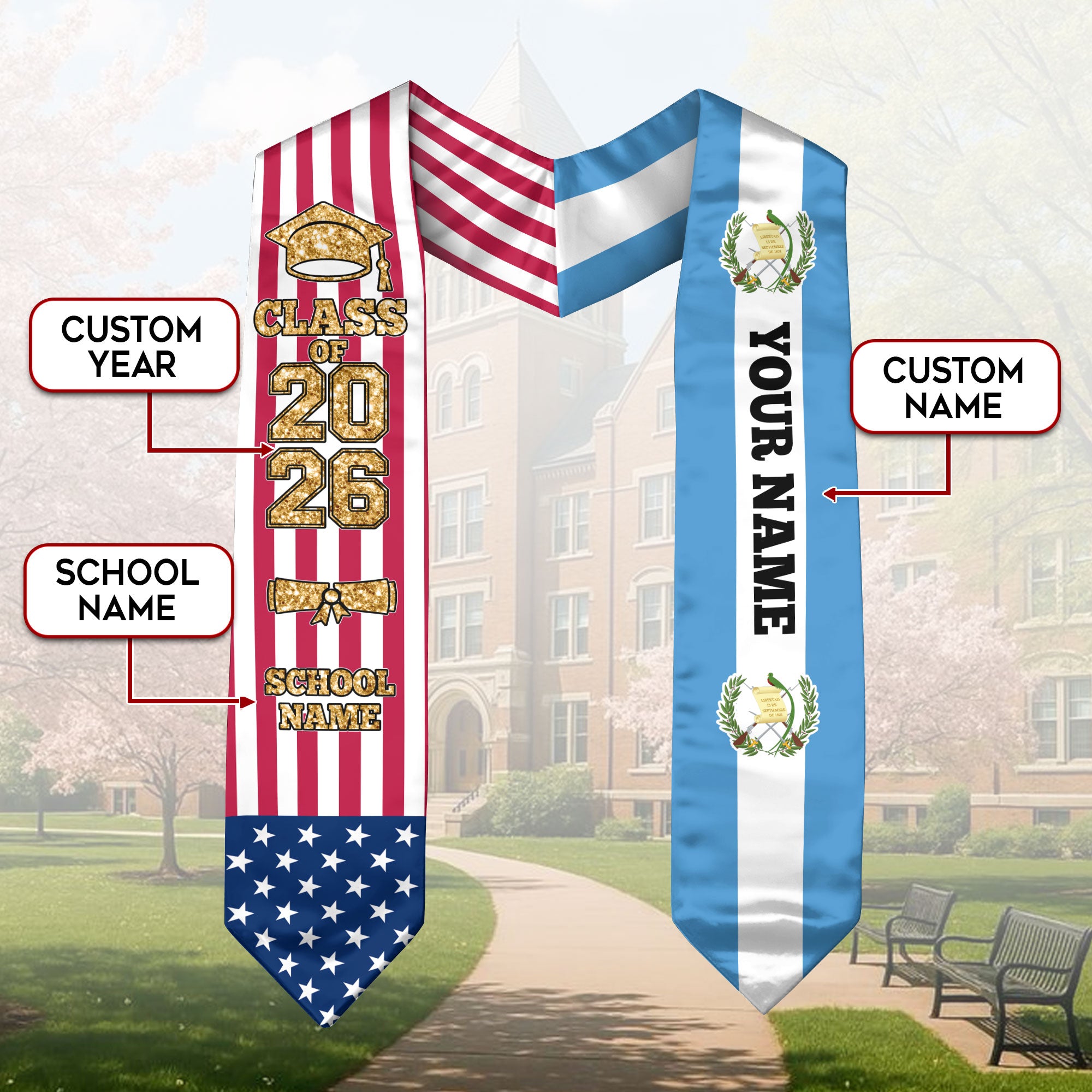 Customized Guatemala Graduation Stole with Guatemalan Flag Detail, Graduation Sash 2026