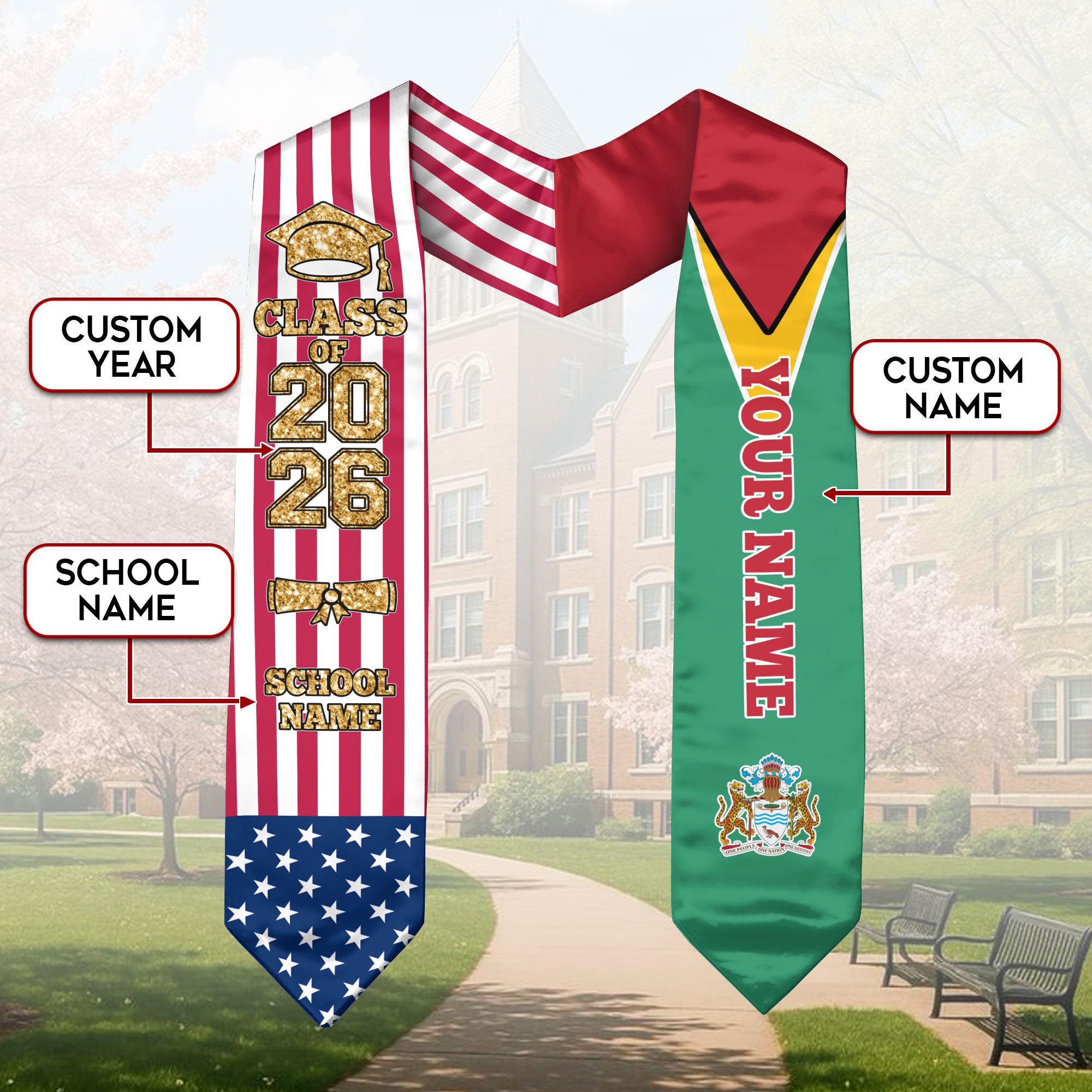 Customized Guyana Graduation Stole Featuring National Flag Accent, Graduation Sash 2026, Class of 2026