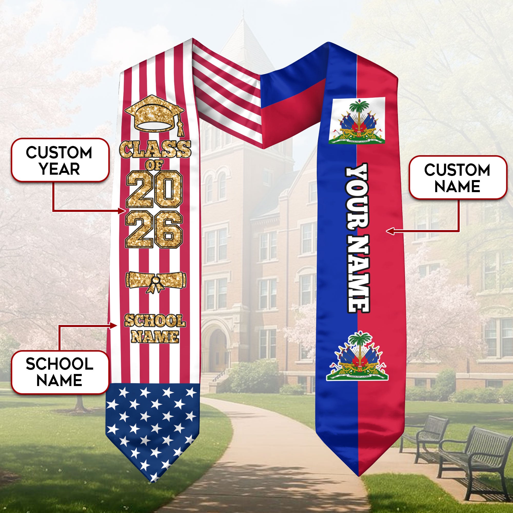 Customized Haiti Graduation Stole with Haitian Flag Feature, Graduation Sash 2026, Class of 2026