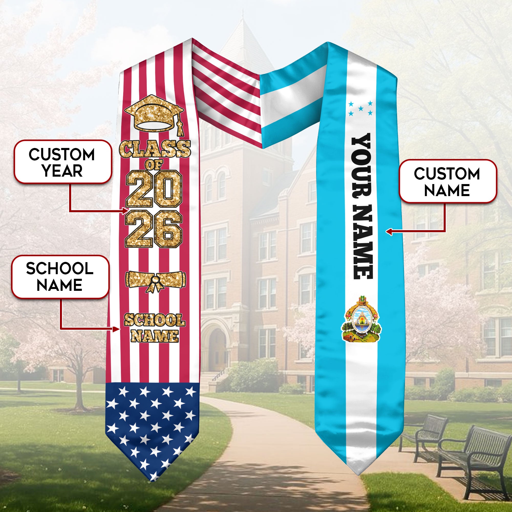 Customized Honduras Graduation Stole Featuring Honduran Flag Design, Graduation Sash 2026