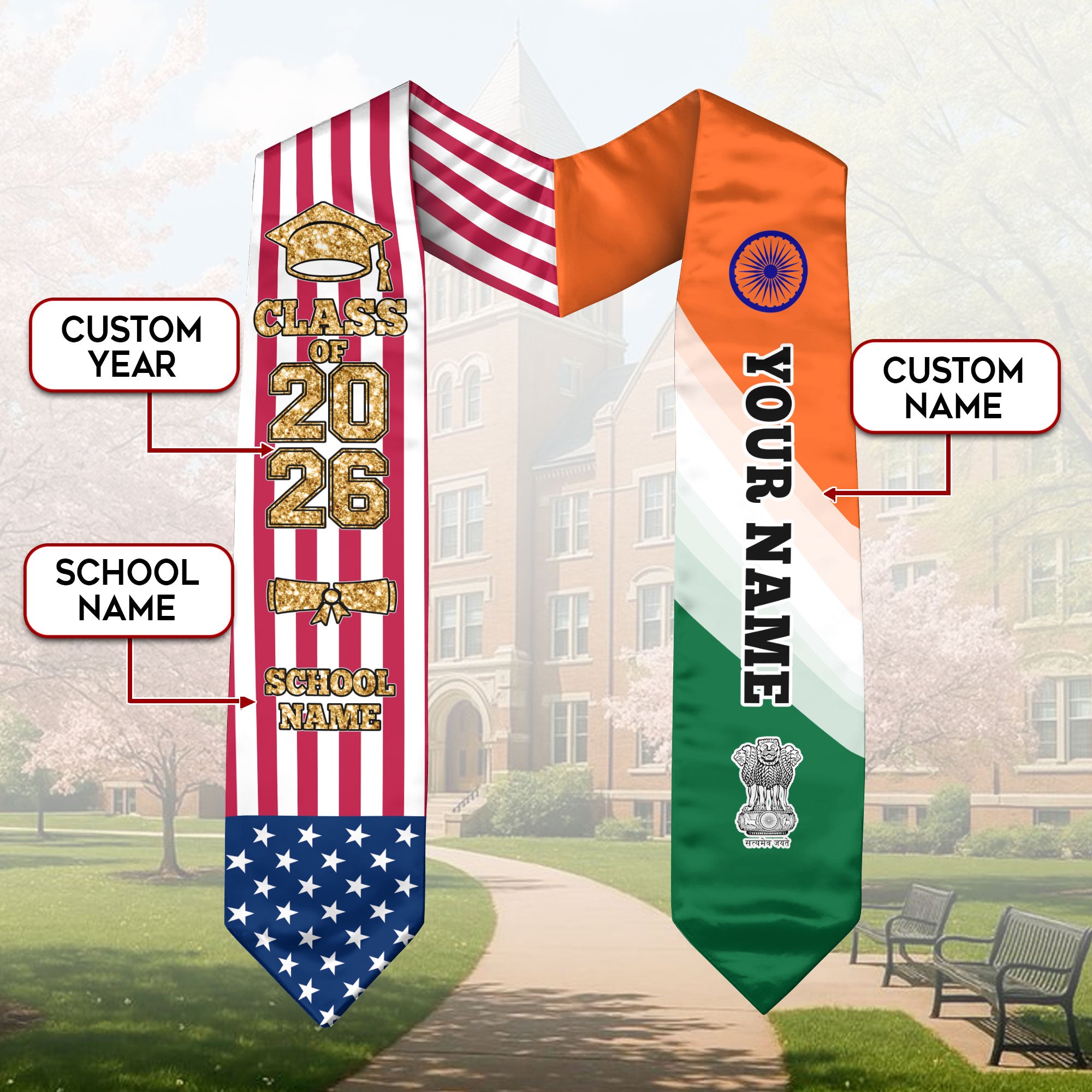 Customized India Graduation Stole Featuring Indian Flag Colors, Graduation Sash 2026, Class of 2026
