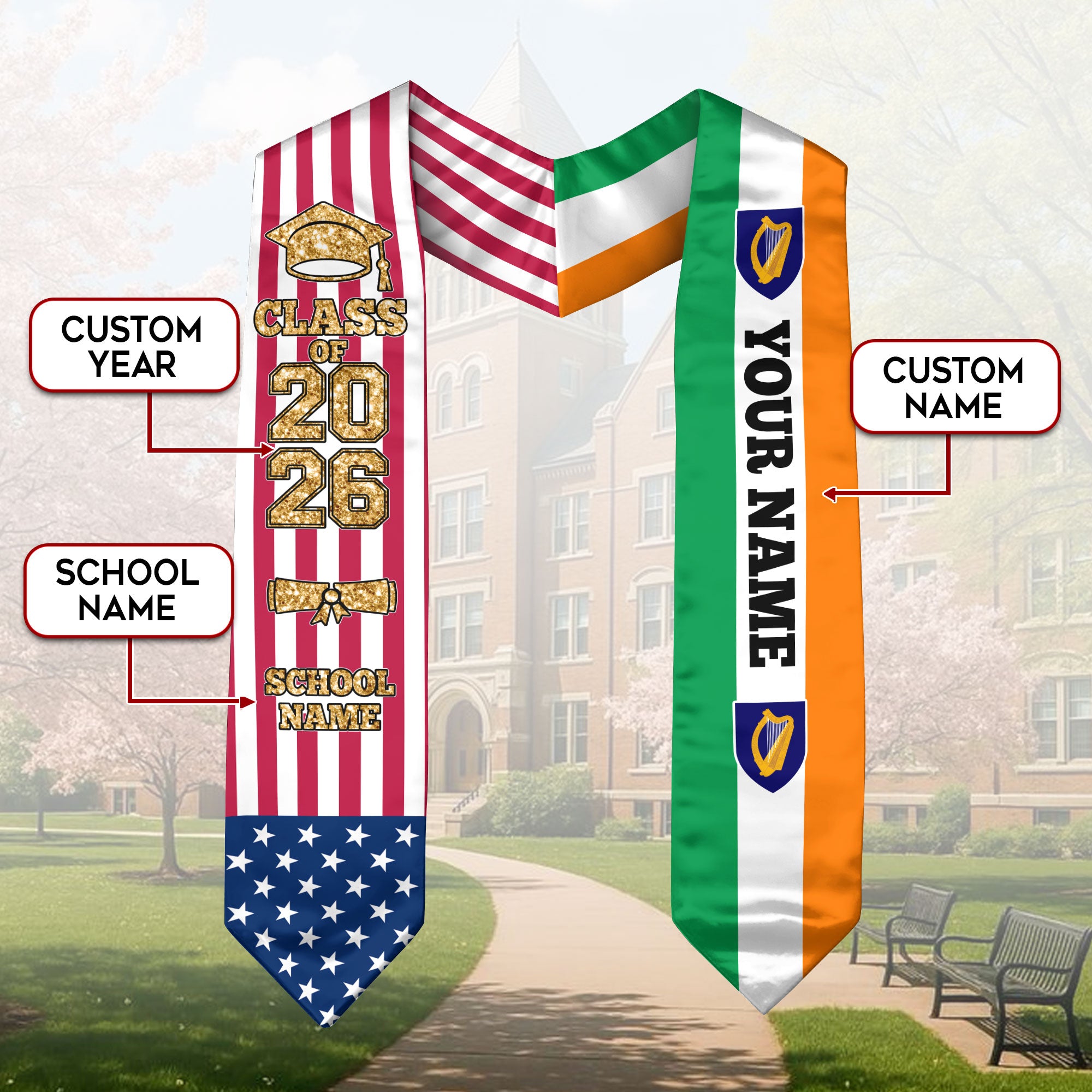 Customized Ireland Graduation Stole with Irish Flag Detail, Graduation Sash 2026, Class of 2026