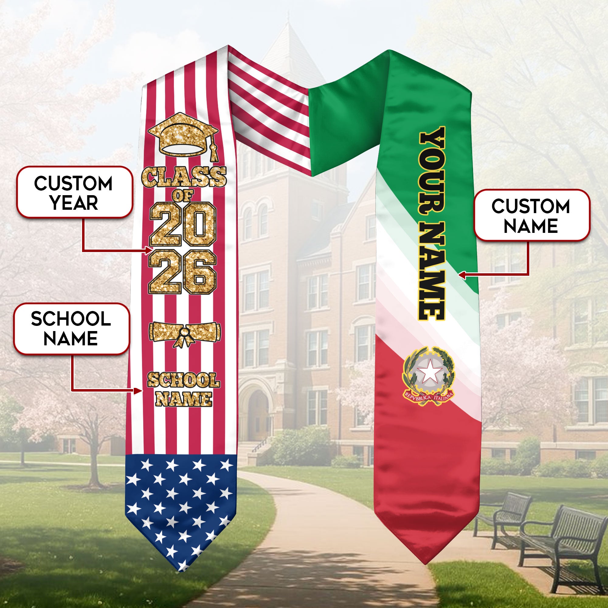 Customized Italy Graduation Stole Featuring Italian Flag Accent, Graduation Sash 2026, Class of 2026