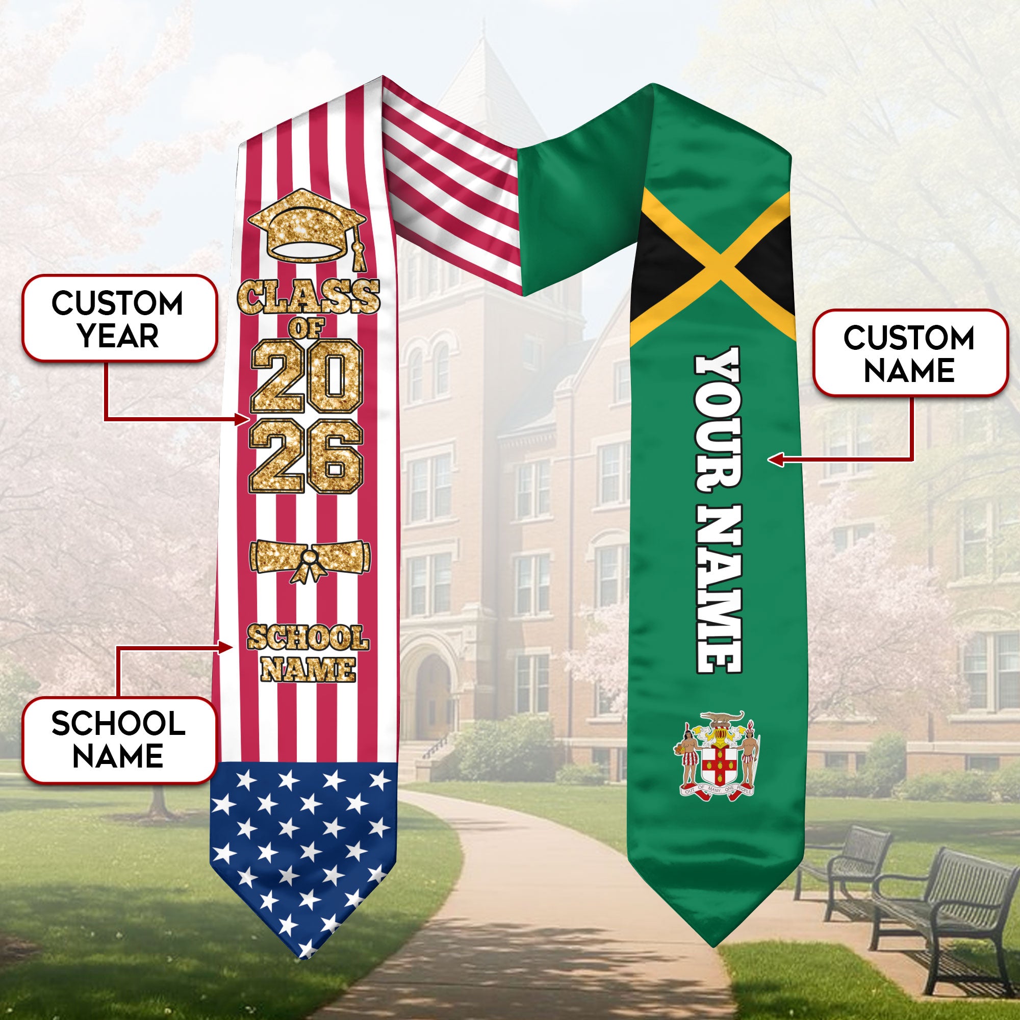 Customized Jamaica Graduation Stole with Jamaican Flag Highlight, Graduation Sash 2026