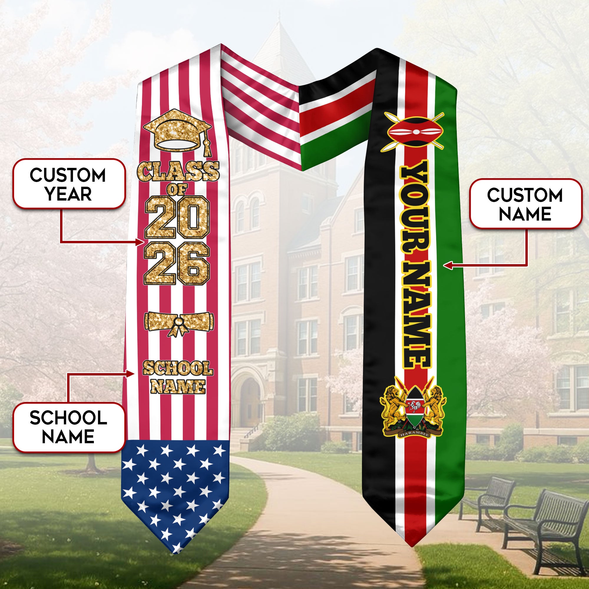 Customized Kenya Graduation Stole Featuring Kenyan Flag Design, Graduation Sash 2026, Class of 2026