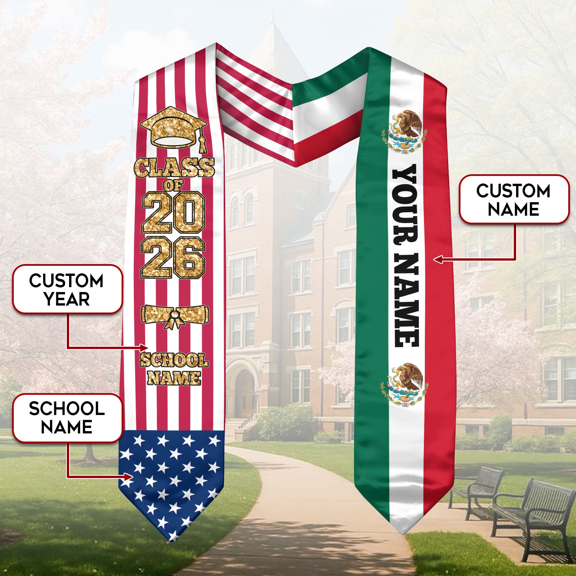 Customized Mexico Graduation Stole with Mexican Flag Accent, Graduation Sash 2026, Class of 2026