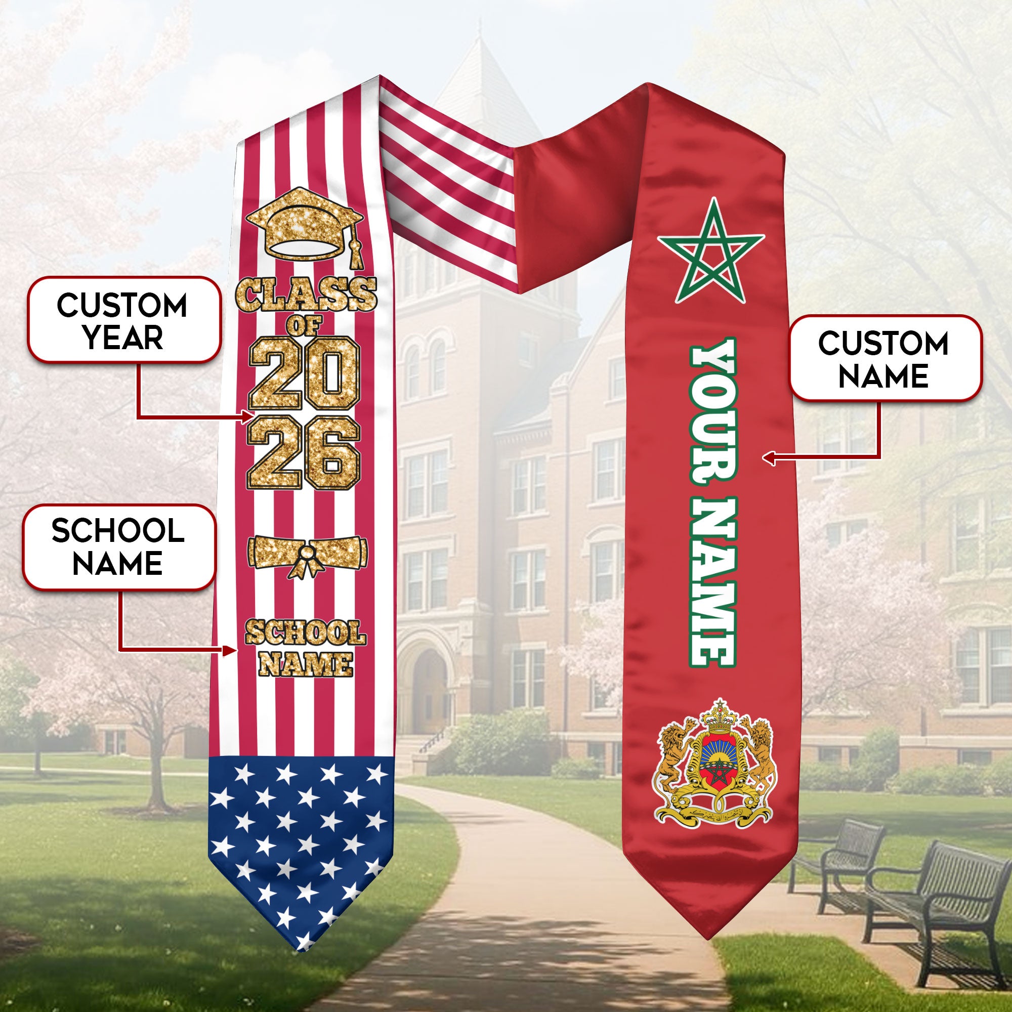 Customized Morocco Graduation Stole Featuring Moroccan Flag Detail, Graduation Sash 2026, Class of 2026