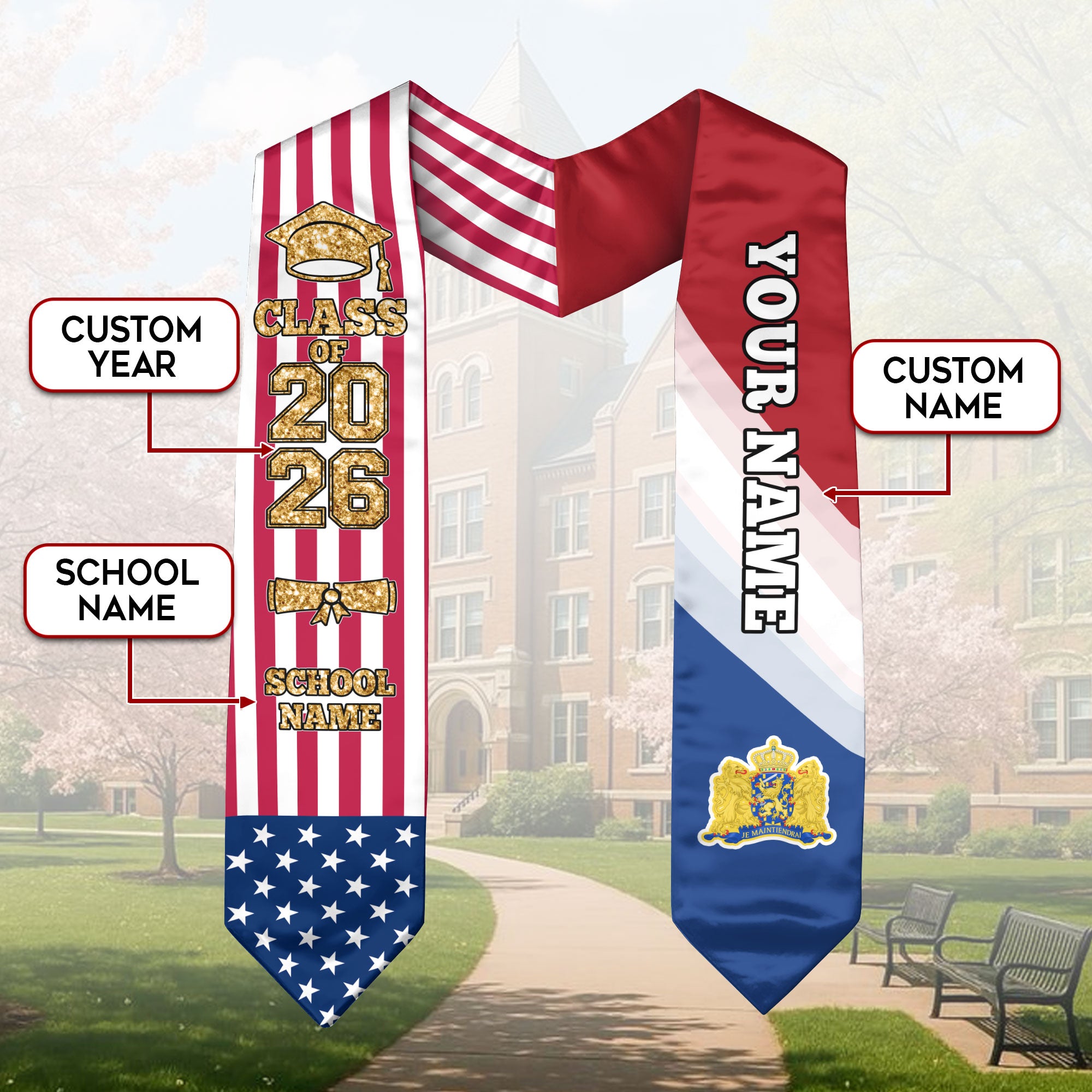 Customized Netherlands Graduation Stole with Dutch Flag Feature, Graduation Sash 2026, Class of 2026
